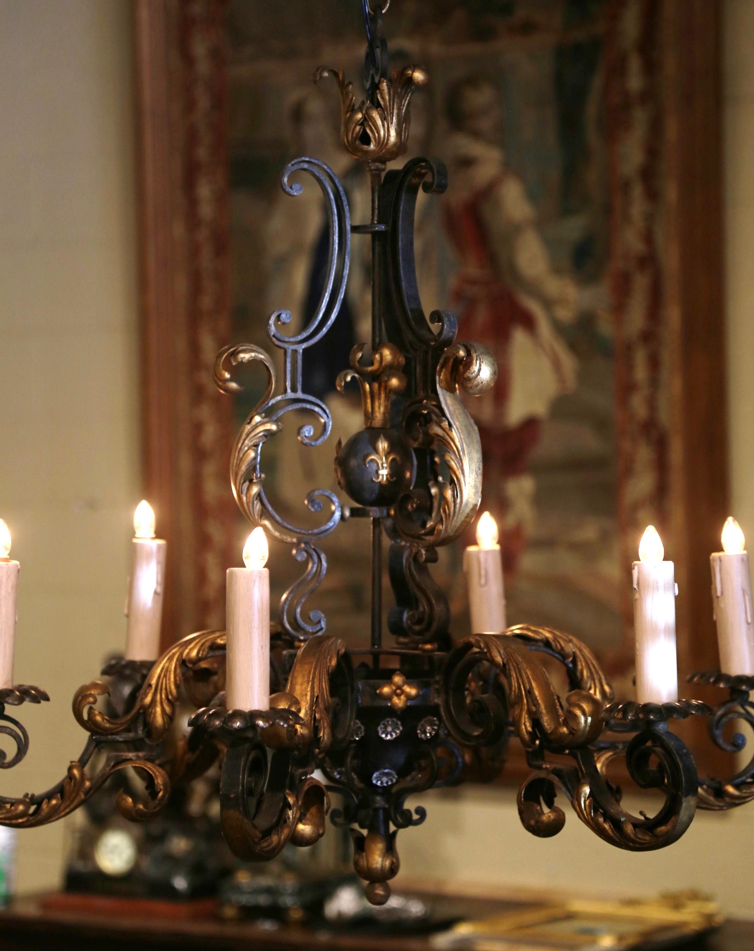 Early 20th Century French Louis XV Black and Gilt Six-Light Iron Chandelier 4