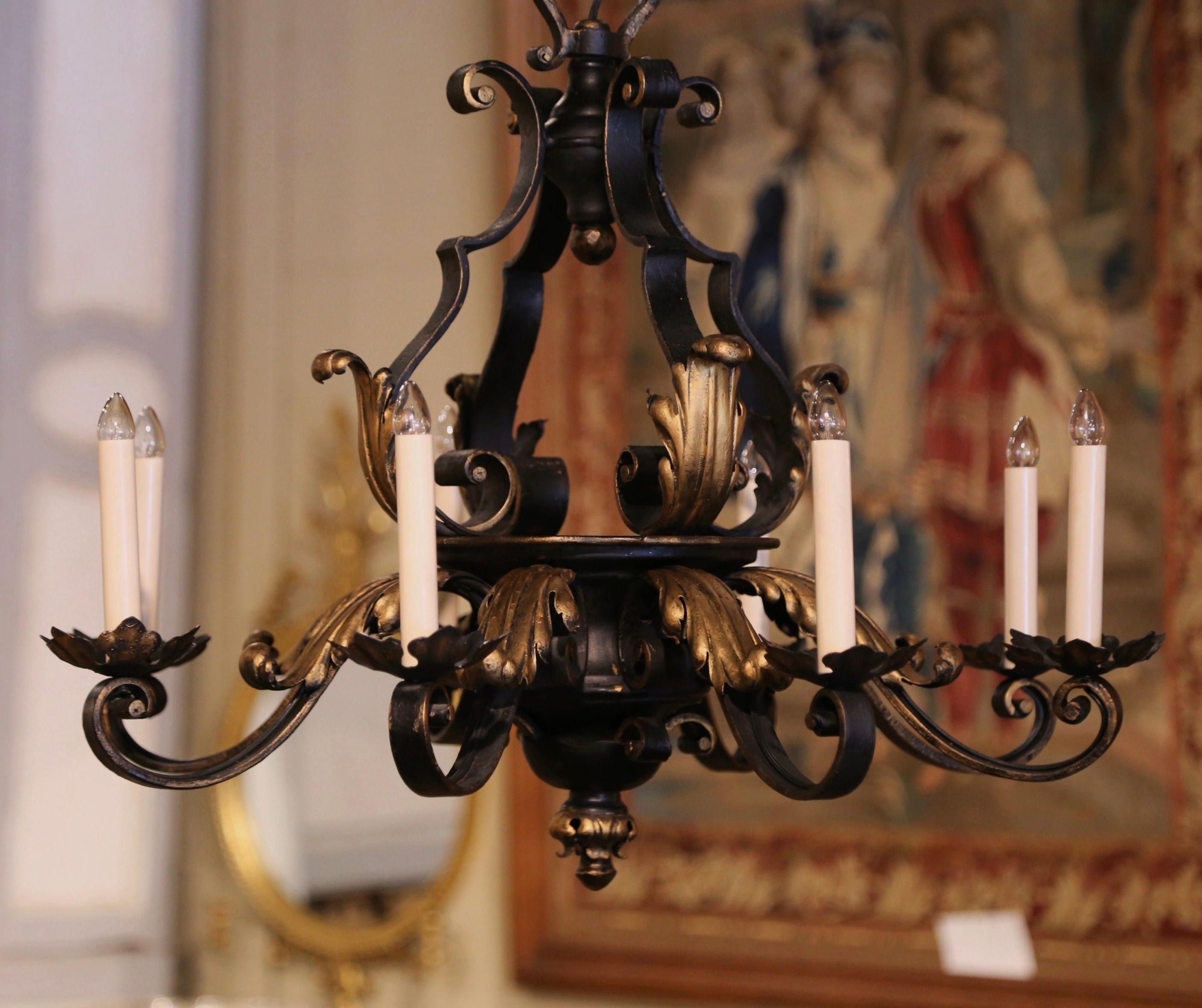 Hand-Crafted Early 20th Century French Louis XV Black & Gilt Iron Eight-Light Chandelier For Sale