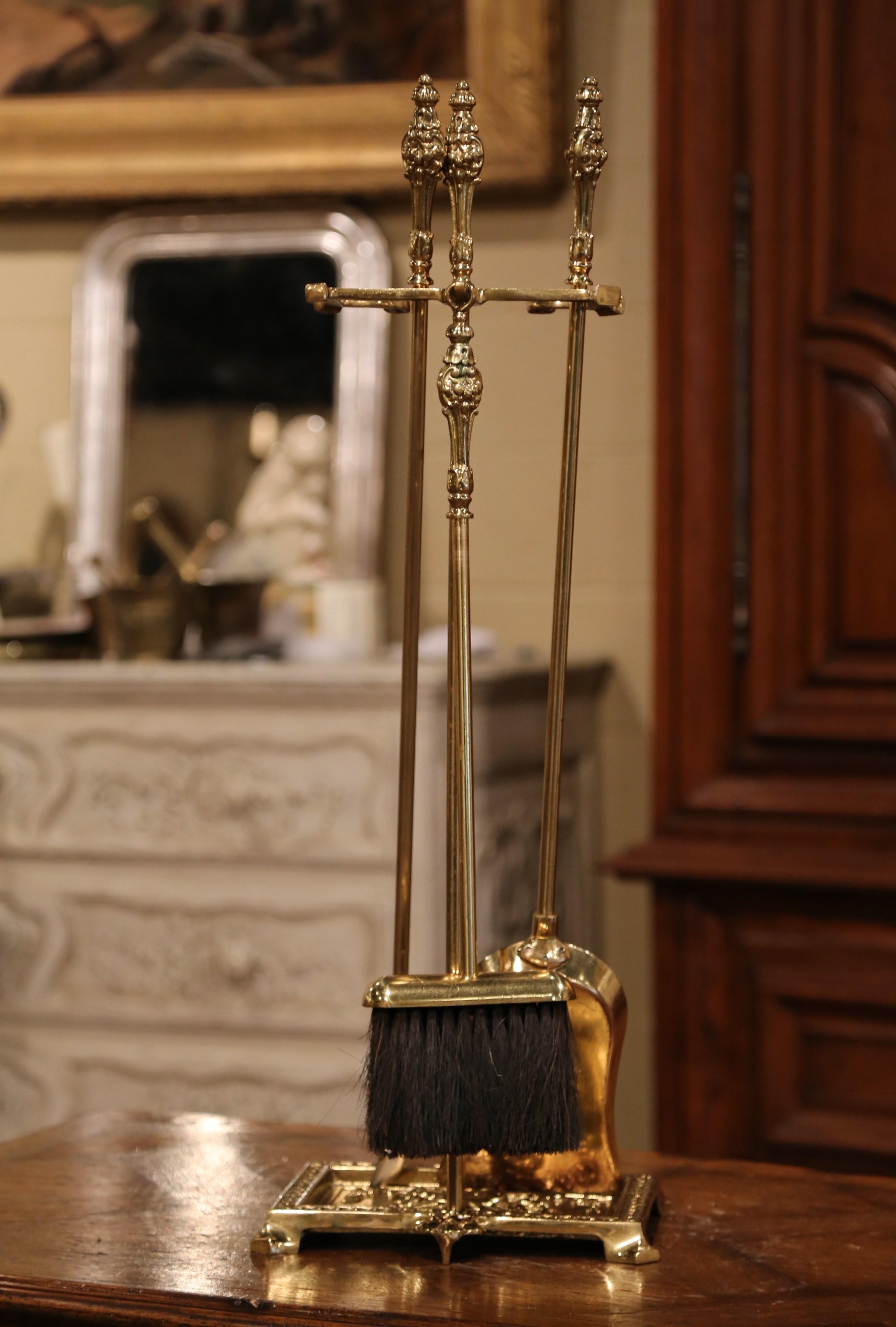 Early 20th Century French Louis XV Brass-Plated Three-Piece Fireplace Tool Set In Excellent Condition In Dallas, TX
