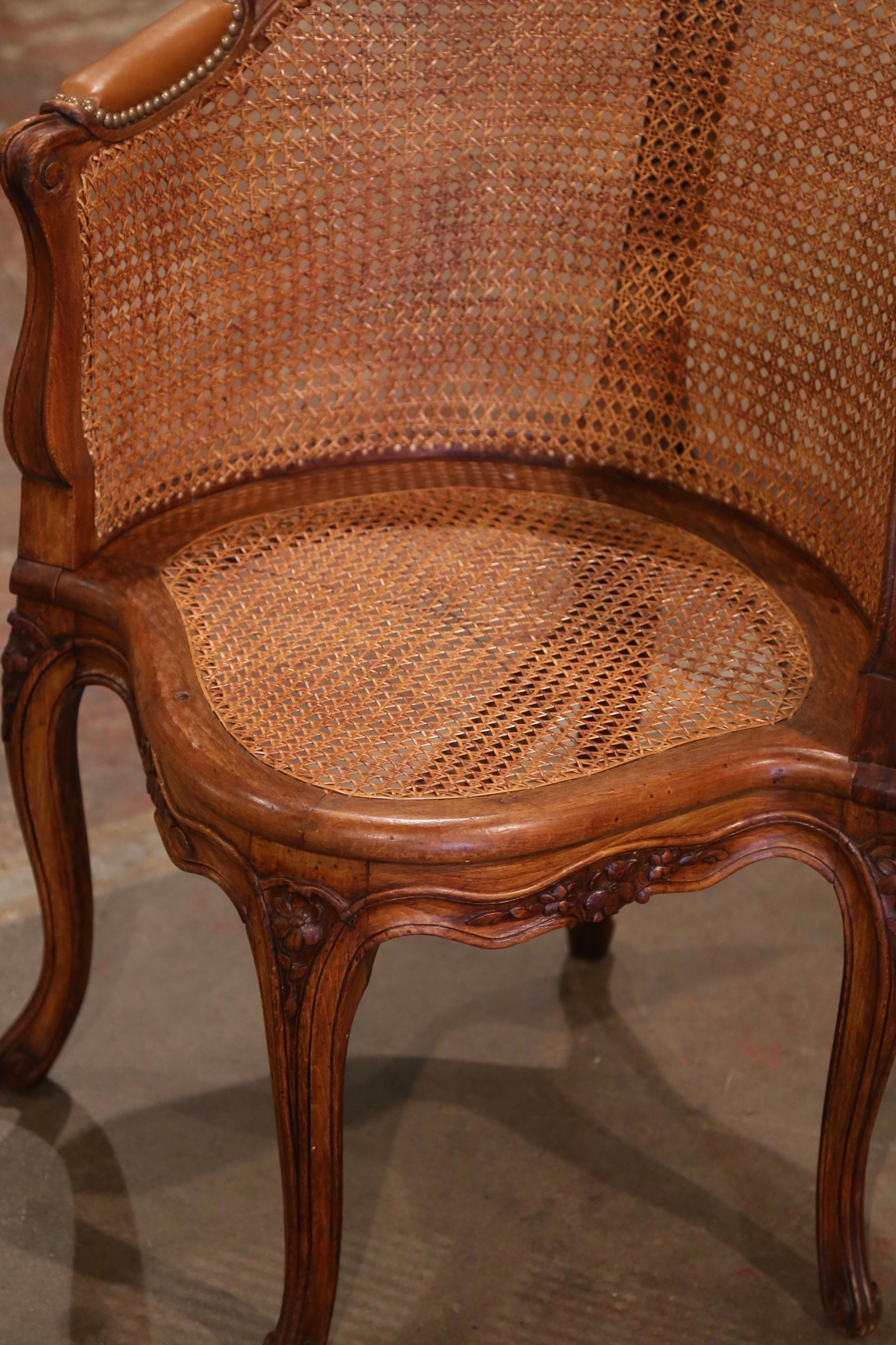 Hand-Carved Early 20th Century French Louis XV Cane Desk Armchair with Leather Armrests