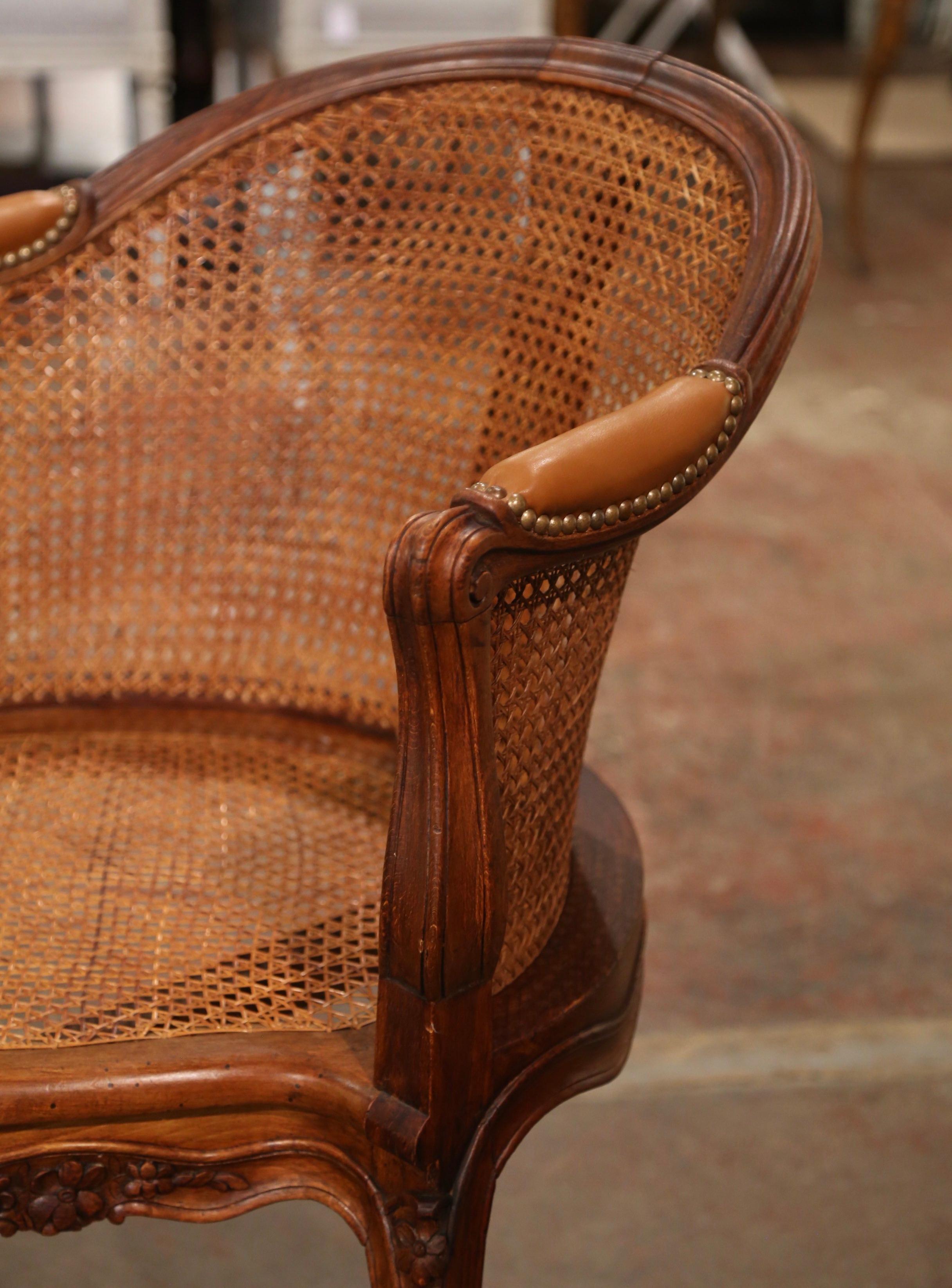 Early 20th Century French Louis XV Cane Desk Armchair with Leather Armrests In Excellent Condition In Dallas, TX