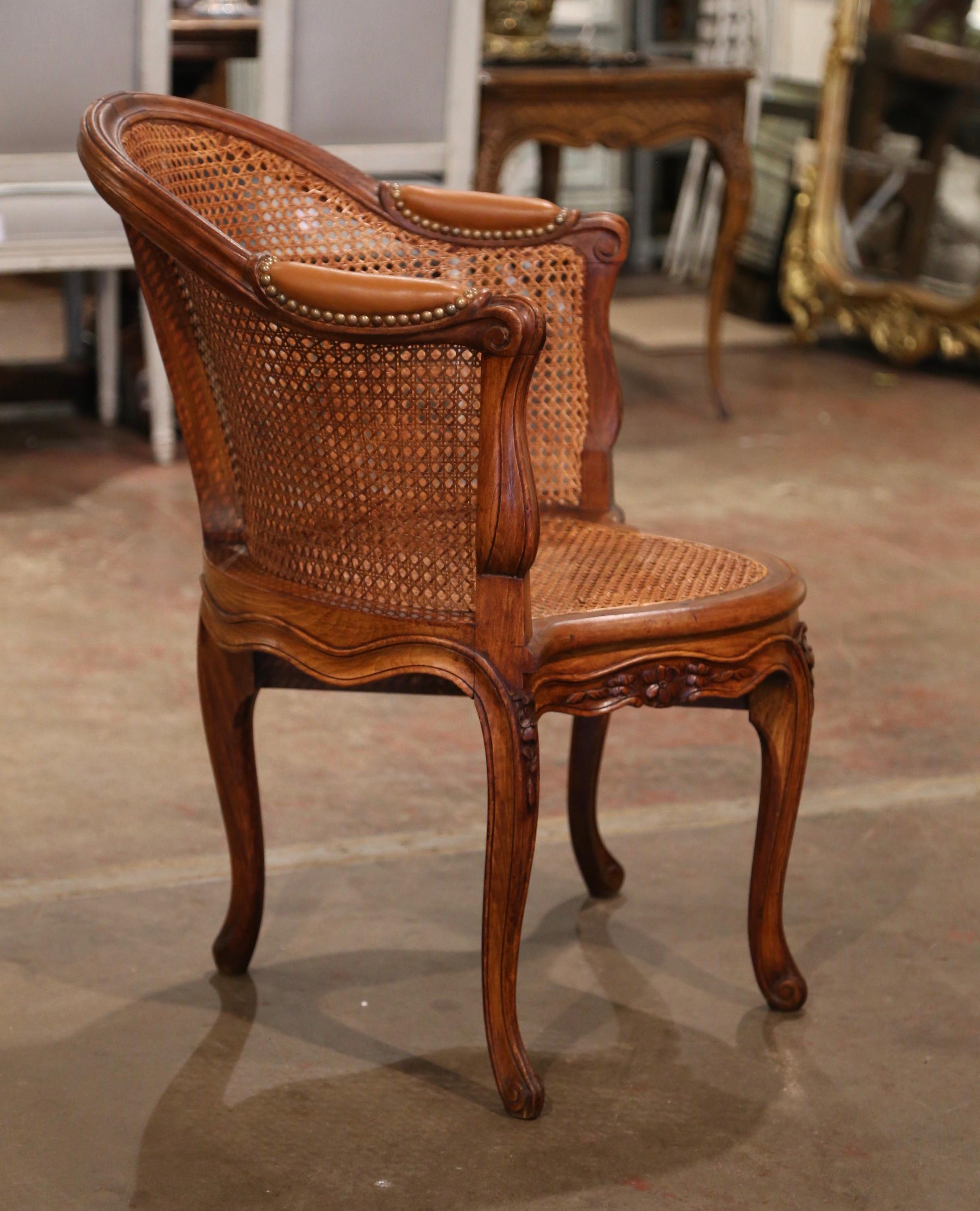 Early 20th Century French Louis XV Cane Desk Armchair with Leather Armrests 3