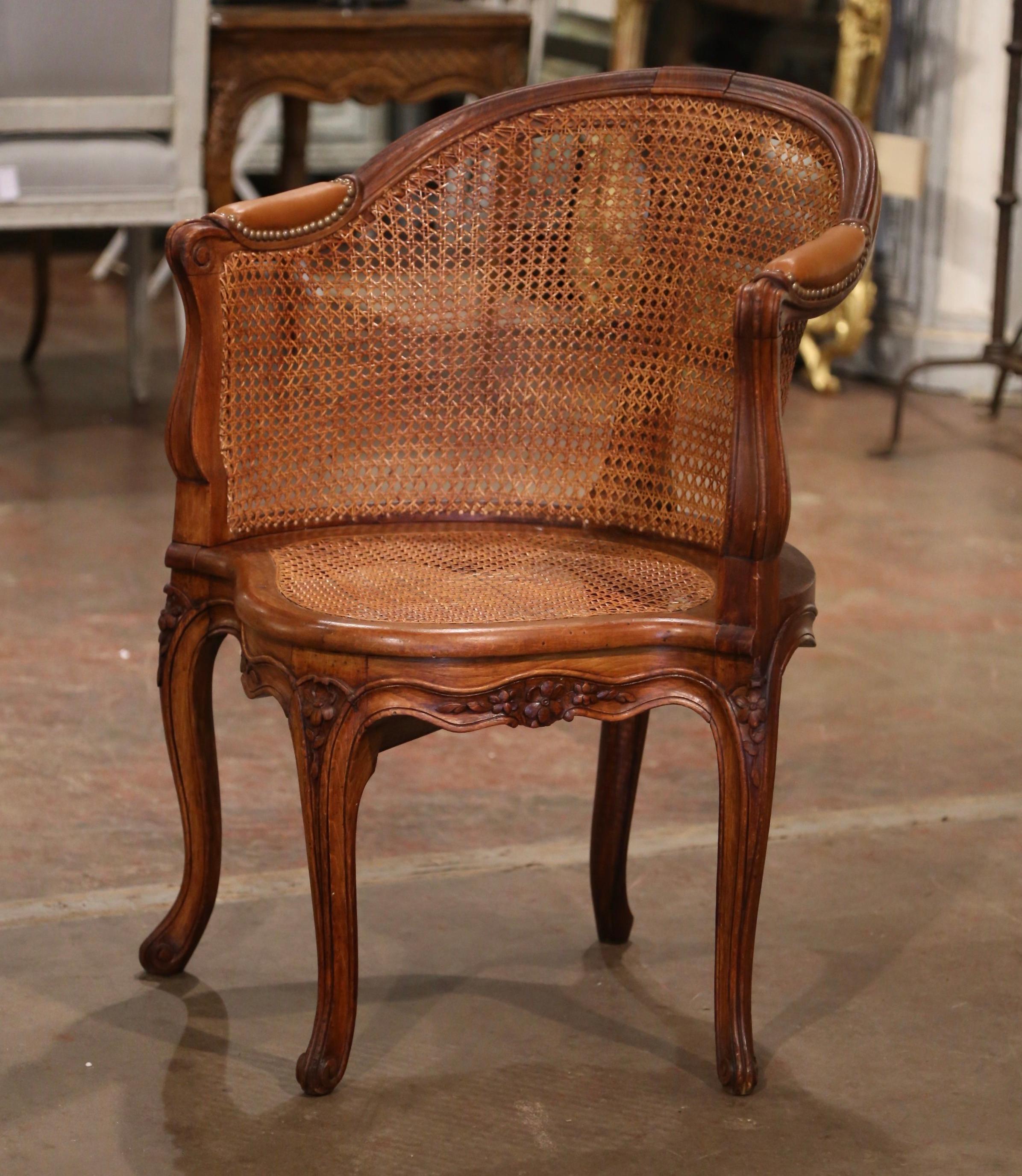 Early 20th Century French Louis XV Cane Desk Armchair with Leather Armrests 5