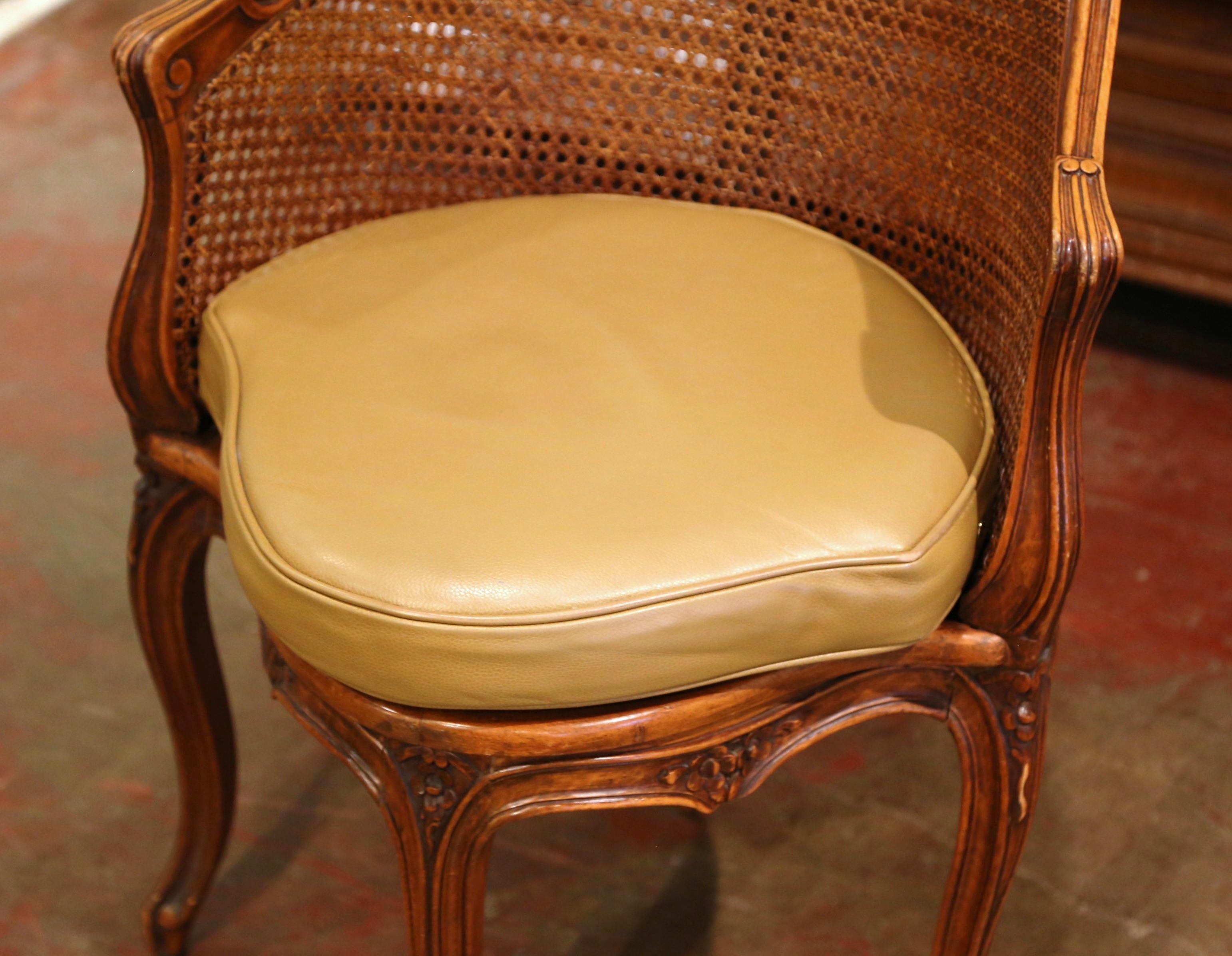 Early 20th Century French Louis XV Cane Desk Armchair with Leather Cushion 6