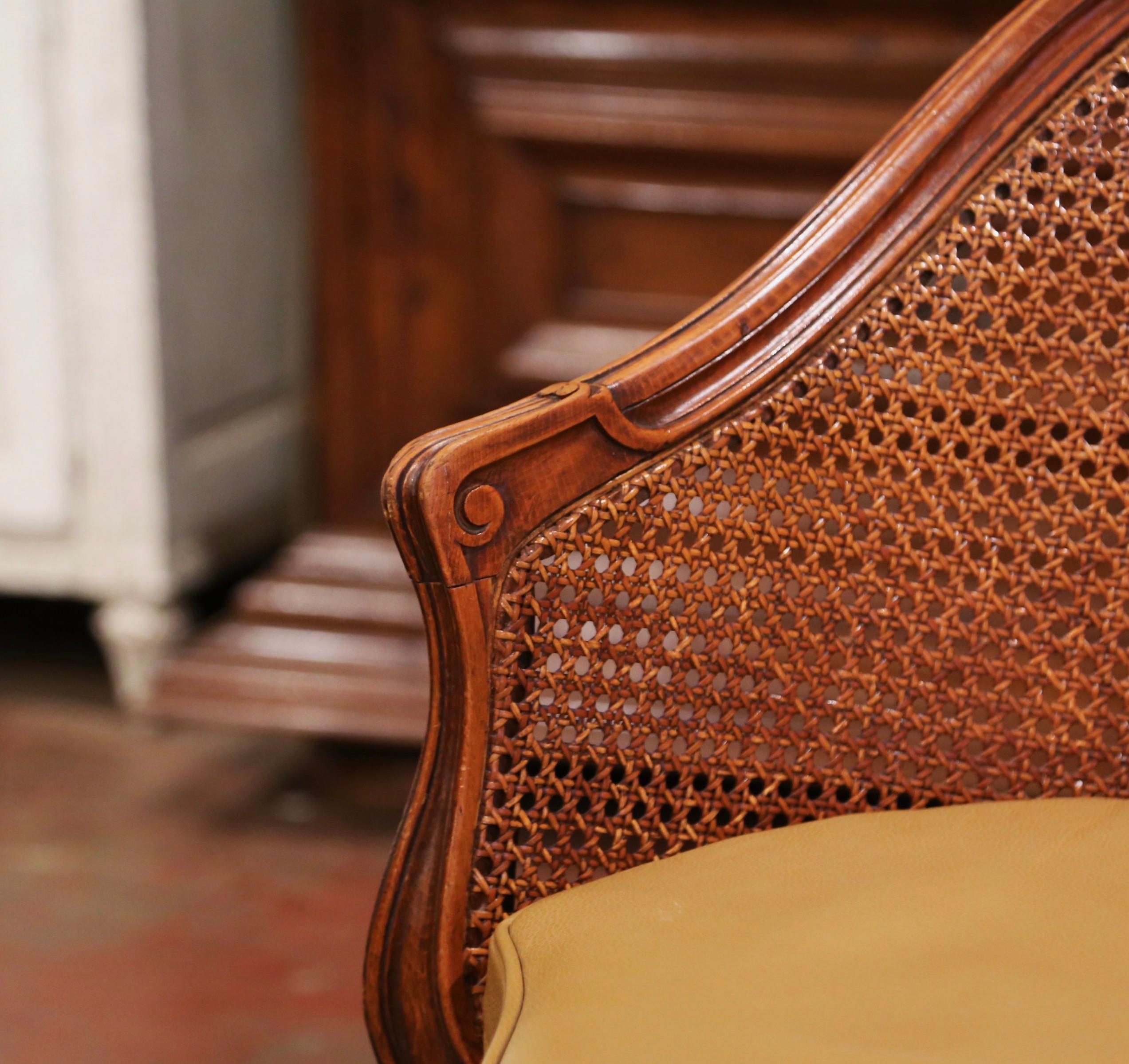 Early 20th Century French Louis XV Cane Desk Armchair with Leather Cushion 7