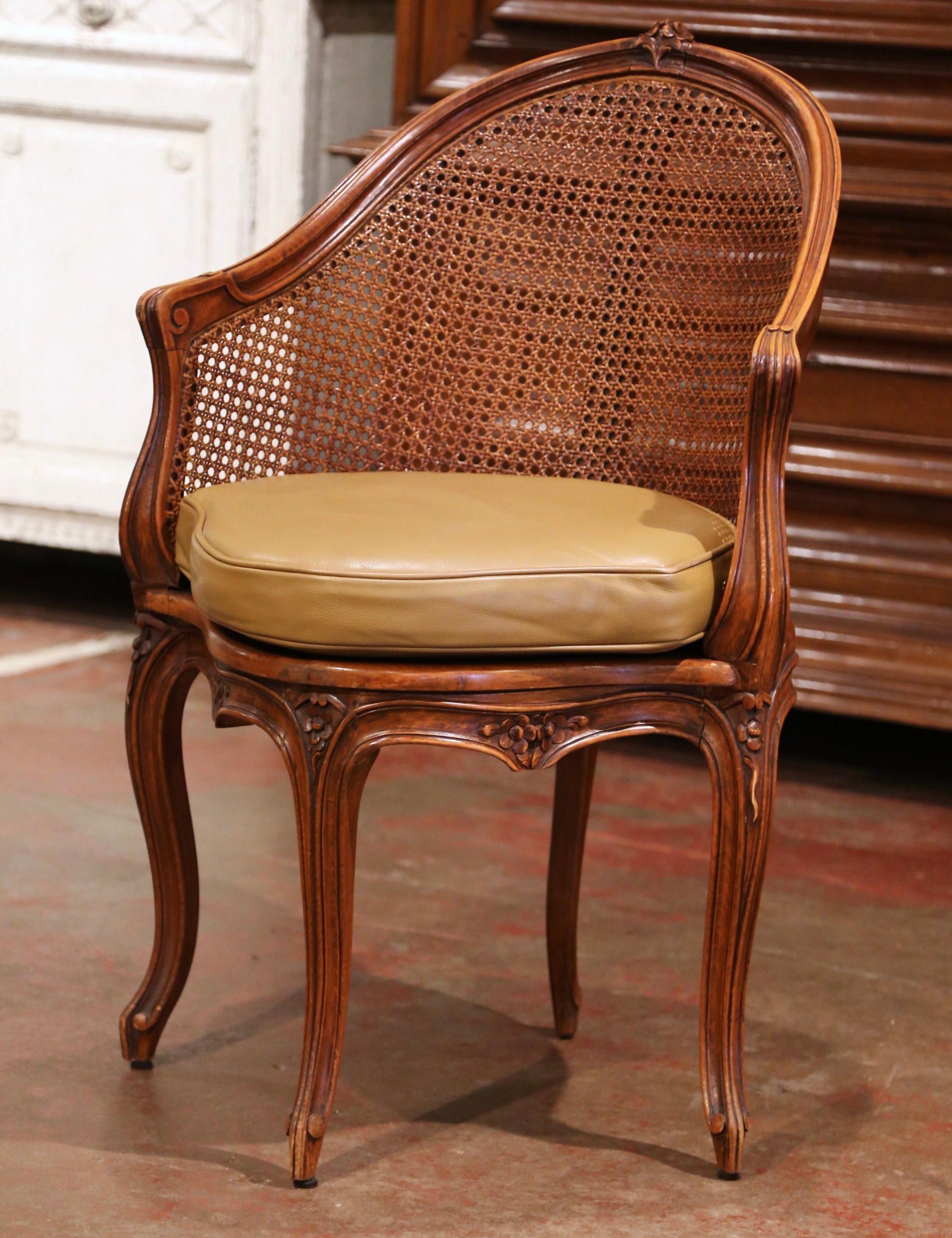 Hand-Carved Early 20th Century French Louis XV Cane Desk Armchair with Leather Cushion