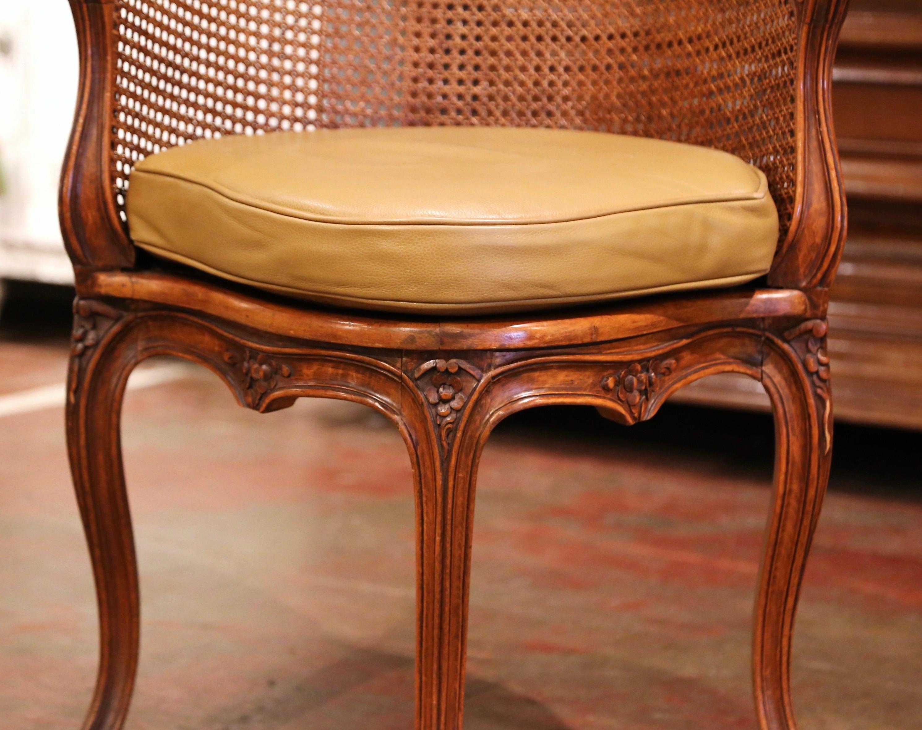 Early 20th Century French Louis XV Cane Desk Armchair with Leather Cushion In Excellent Condition In Dallas, TX