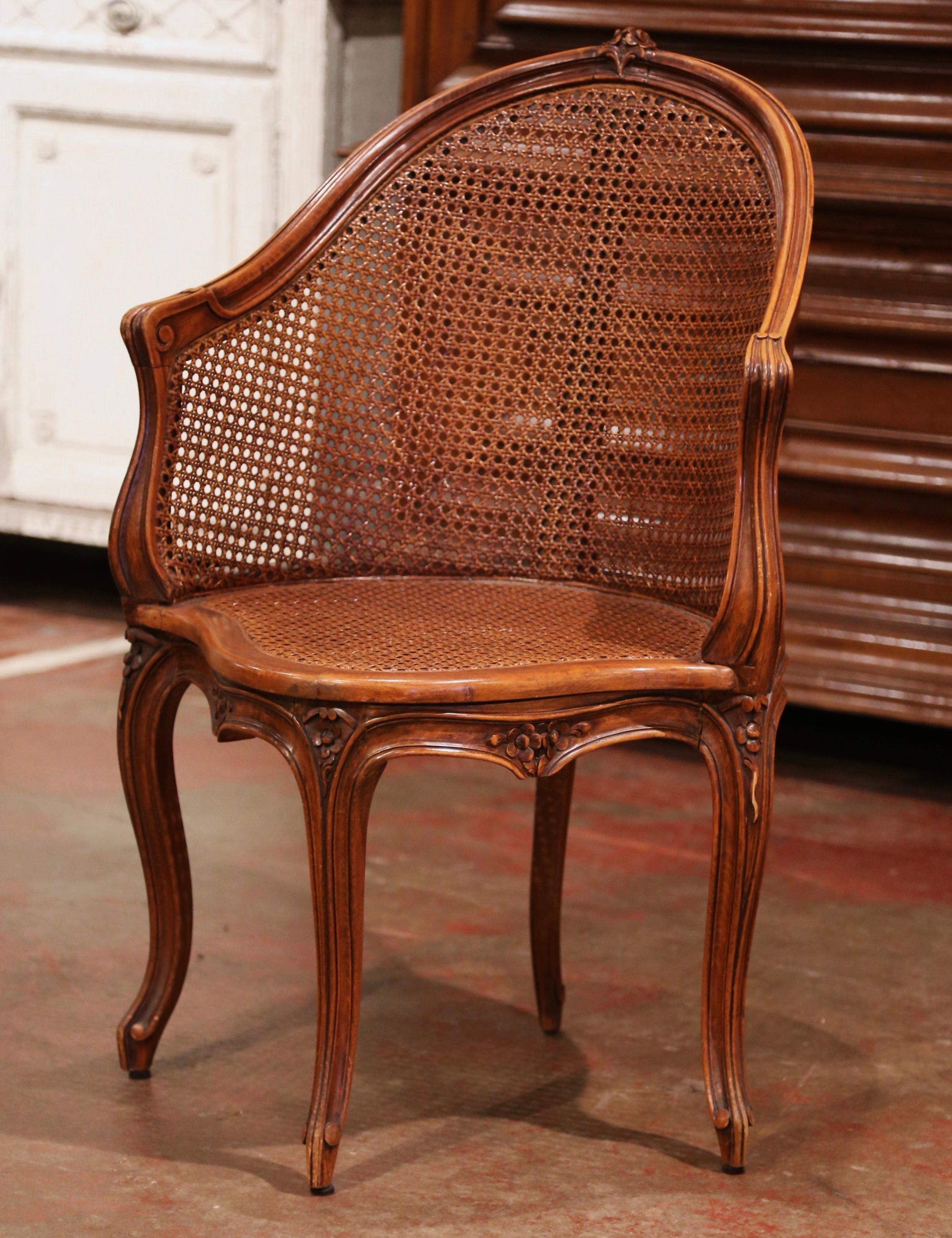 Early 20th Century French Louis XV Cane Desk Armchair with Leather Cushion 1