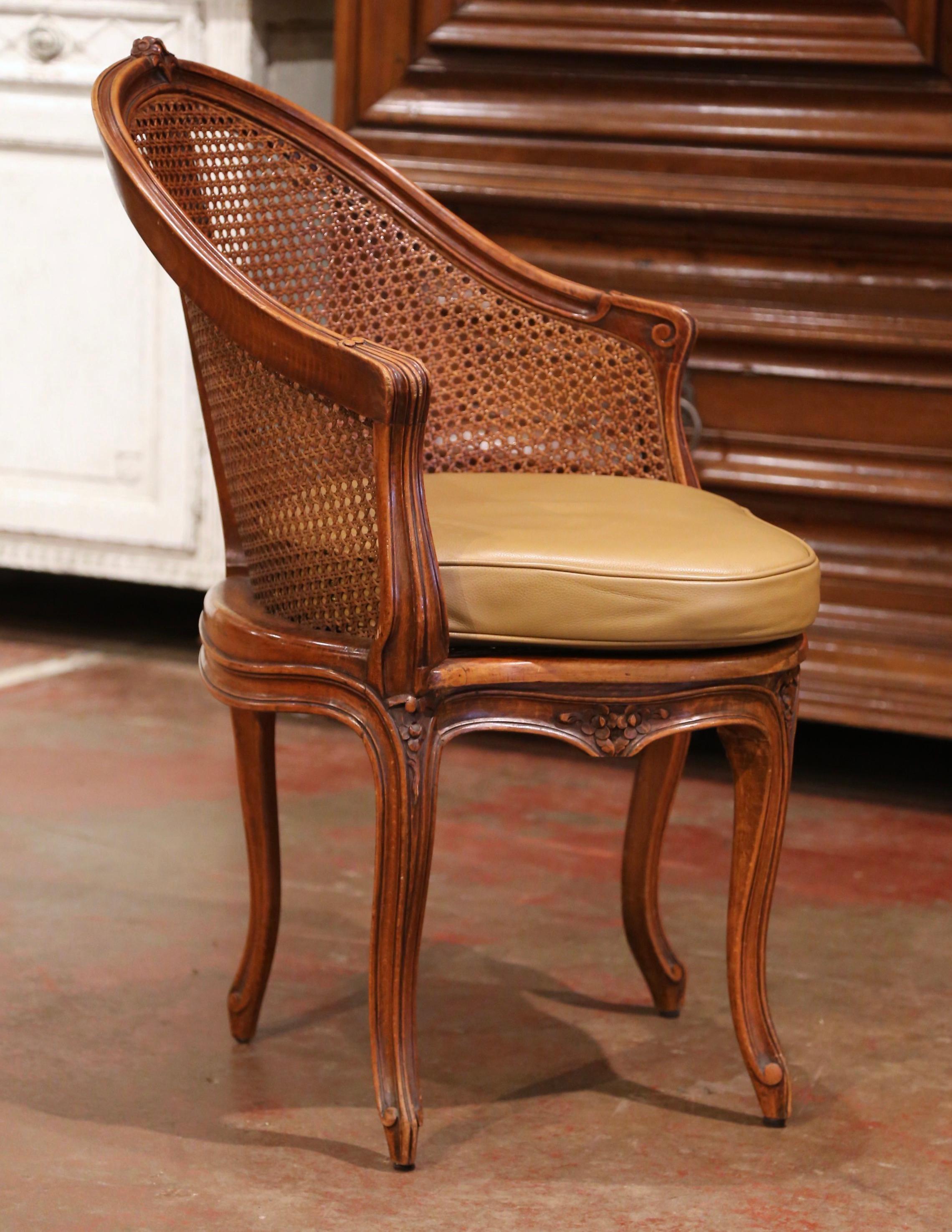 Early 20th Century French Louis XV Cane Desk Armchair with Leather Cushion 4