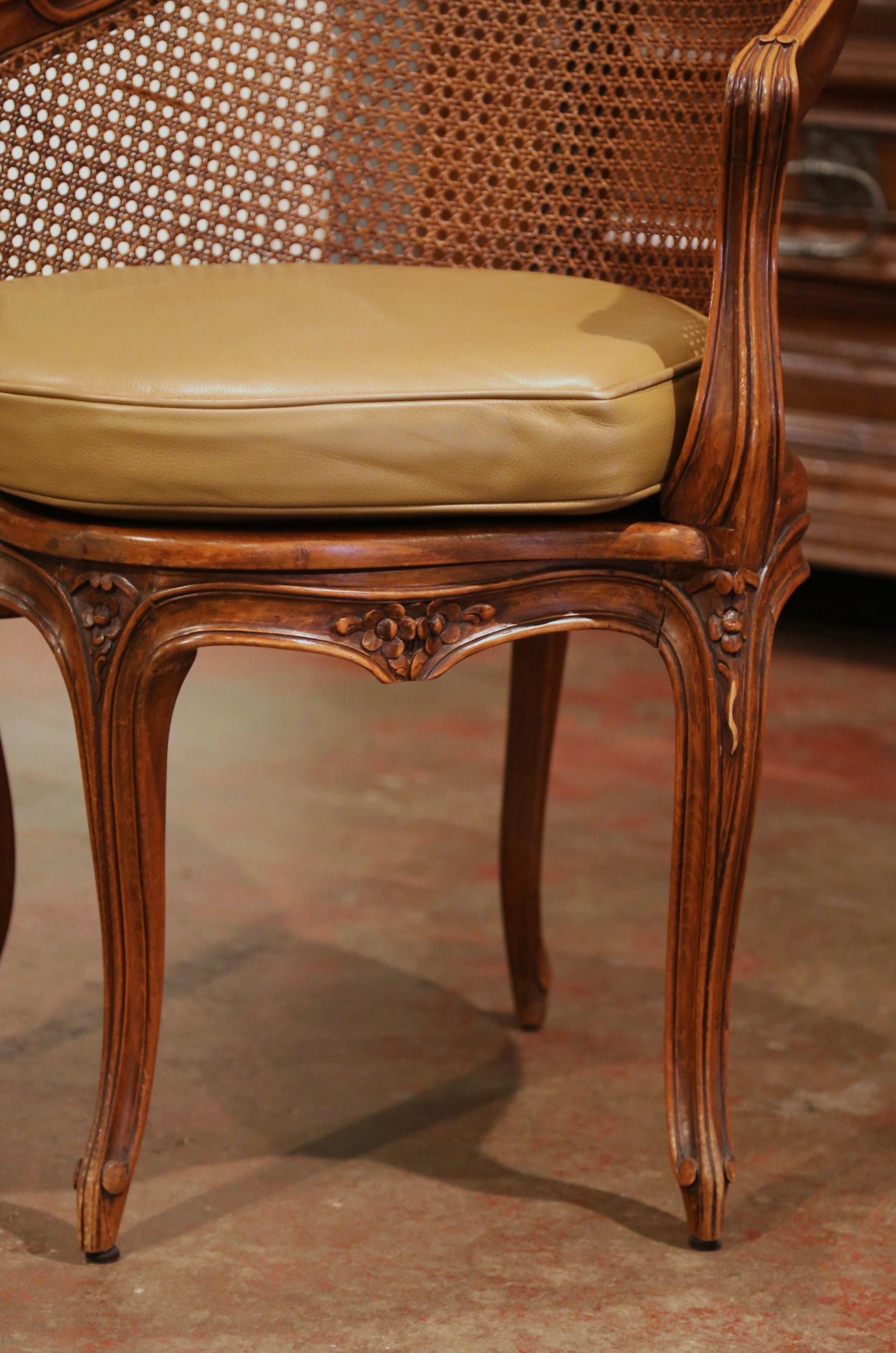 Early 20th Century French Louis XV Cane Desk Armchair with Leather Cushion 5