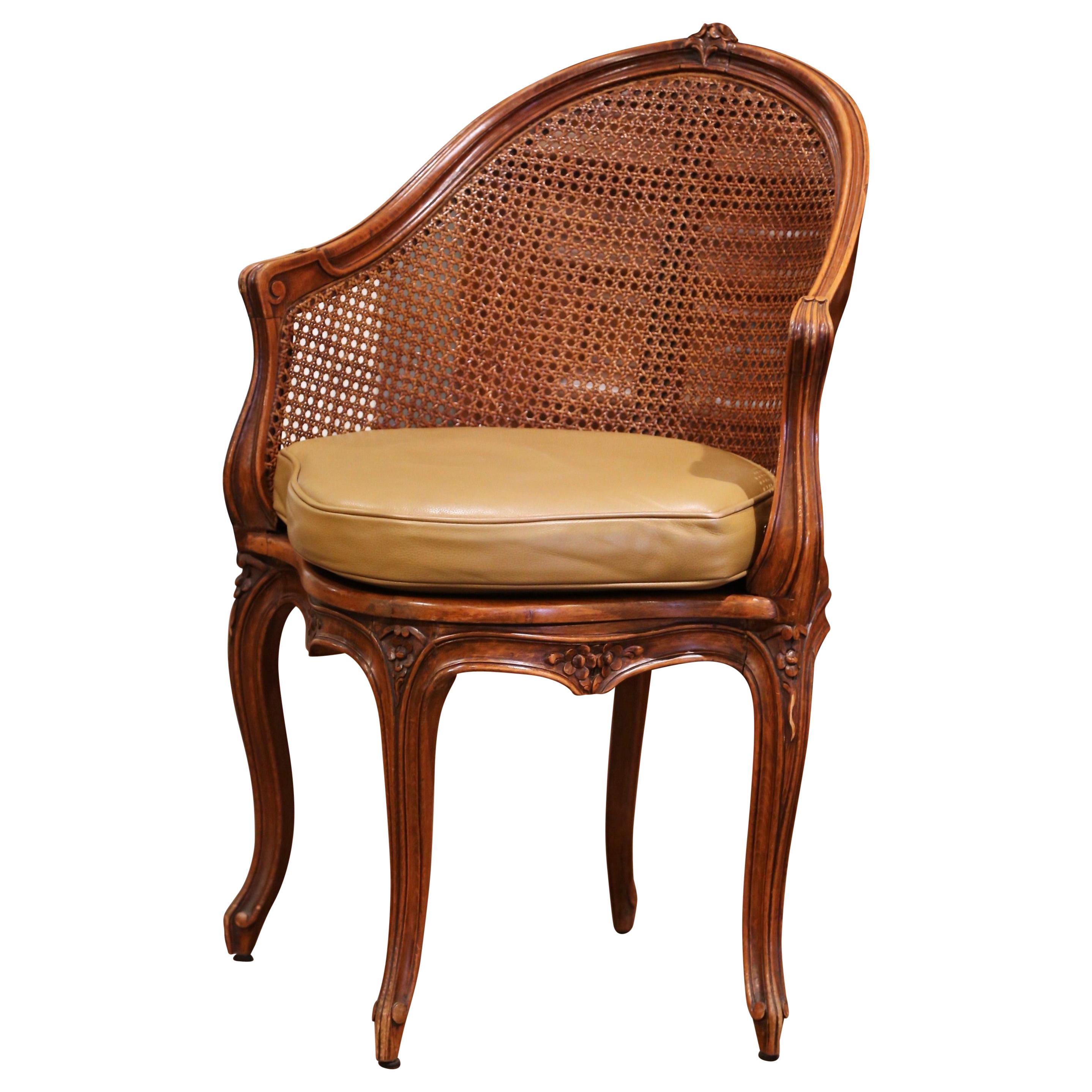 Early 20th Century French Louis XV Cane Desk Armchair with Leather Cushion