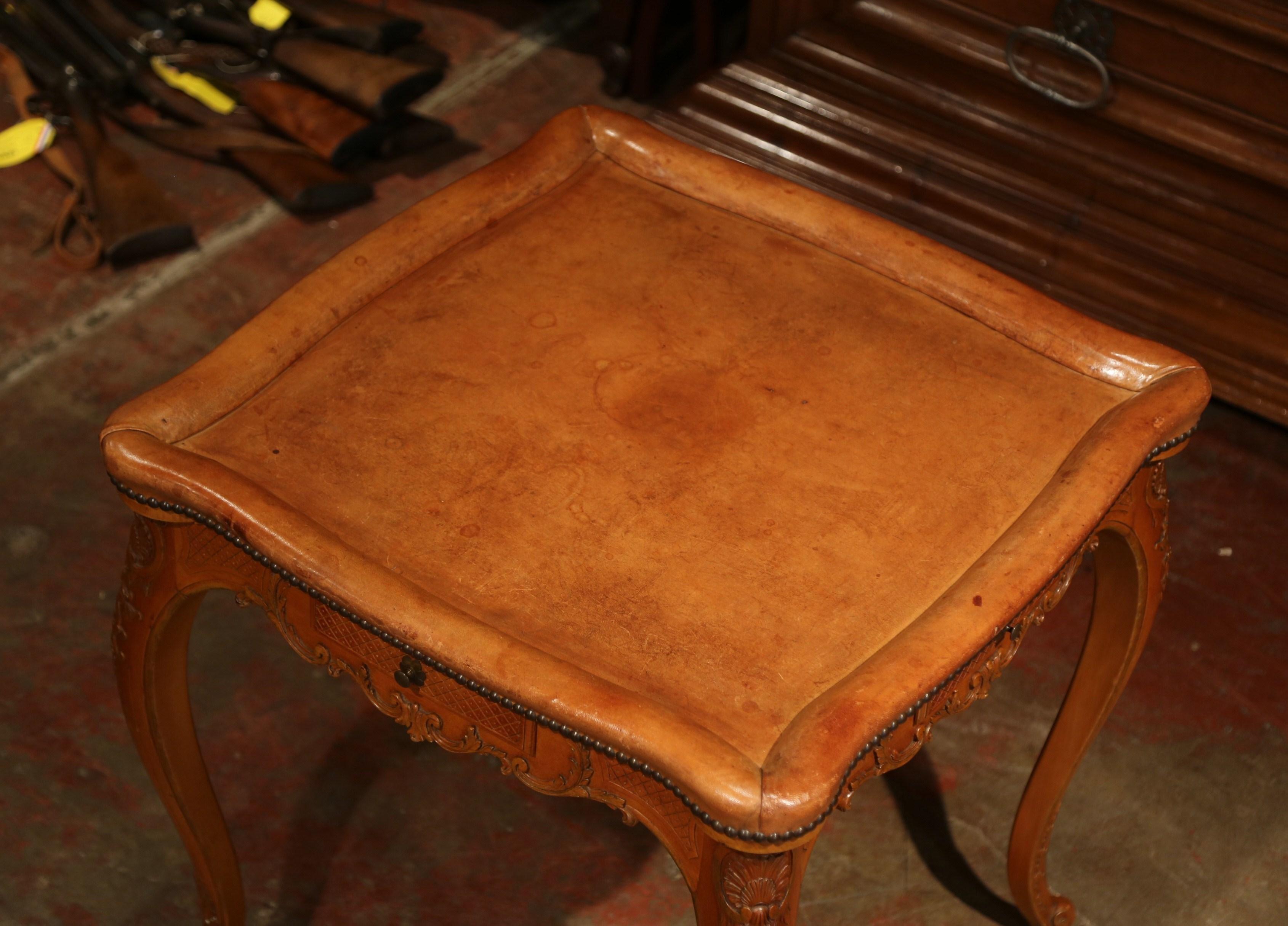 Hand-Carved Early 20th Century French Louis XV Carved Oak Card Game Table with Leather Top