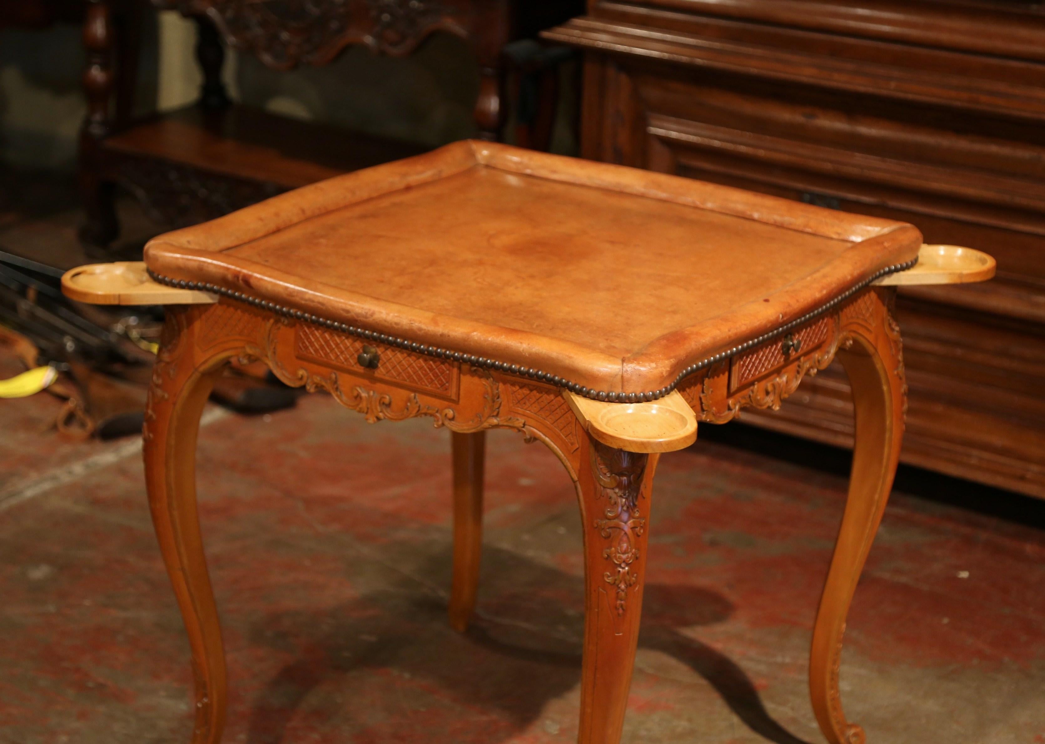 Early 20th Century French Louis XV Carved Oak Card Game Table with Leather Top In Excellent Condition In Dallas, TX