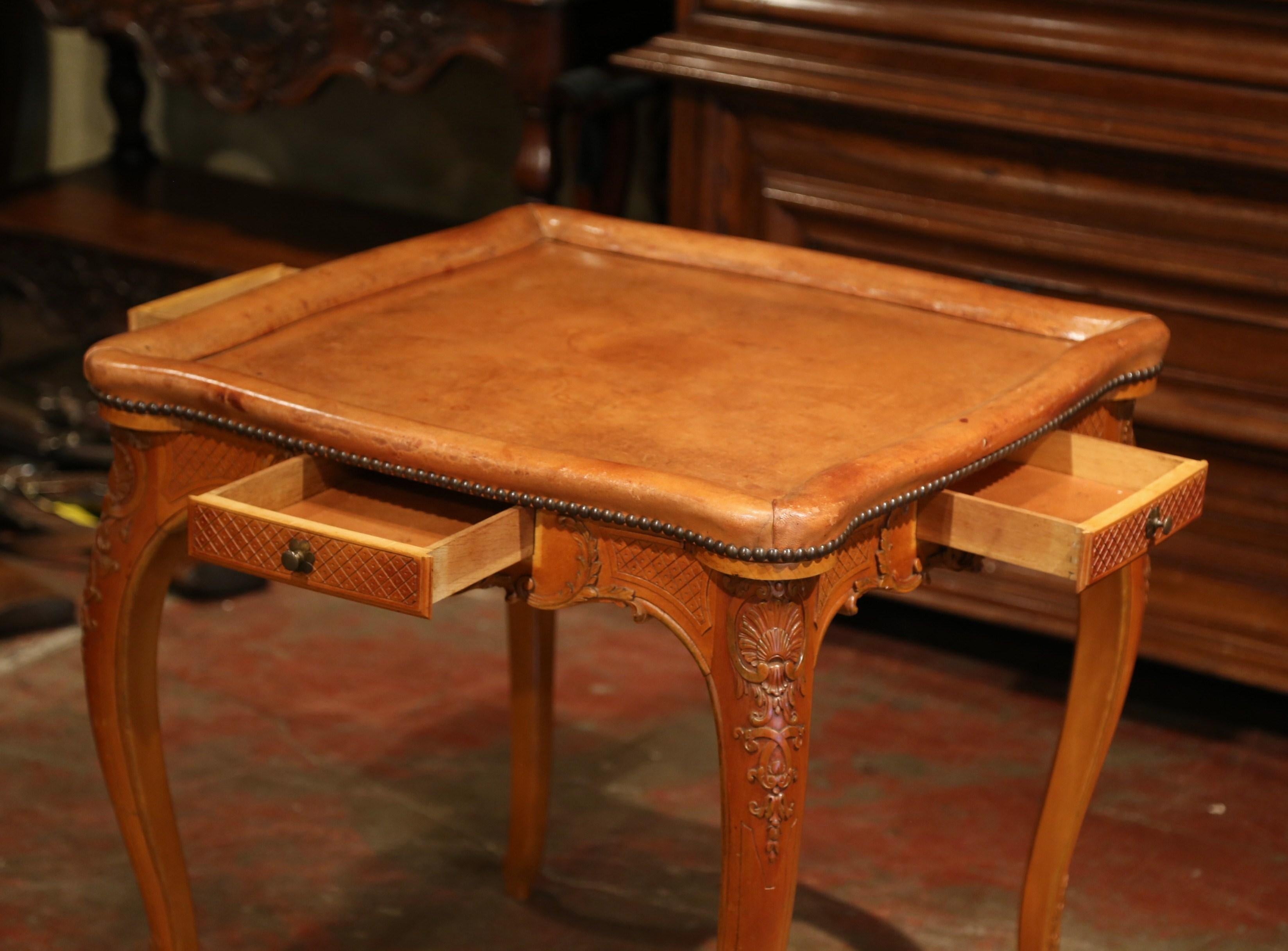 Early 20th Century French Louis XV Carved Oak Card Game Table with Leather Top 1