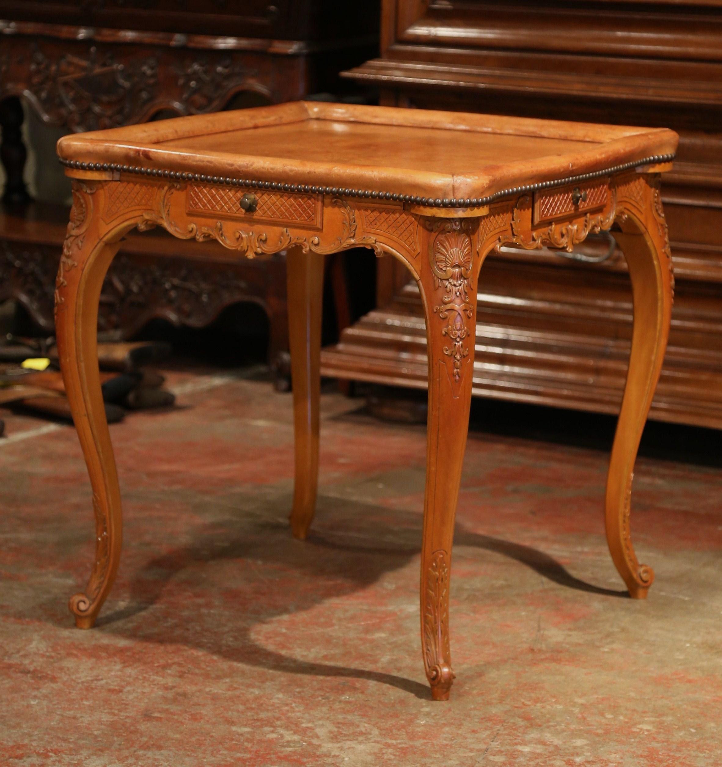 Early 20th Century French Louis XV Carved Oak Card Game Table with Leather Top 2
