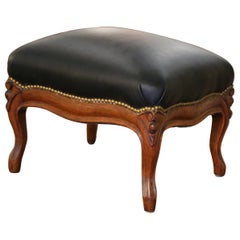 Early 20th Century French Louis XV Carved Oak Stool with Black Leather