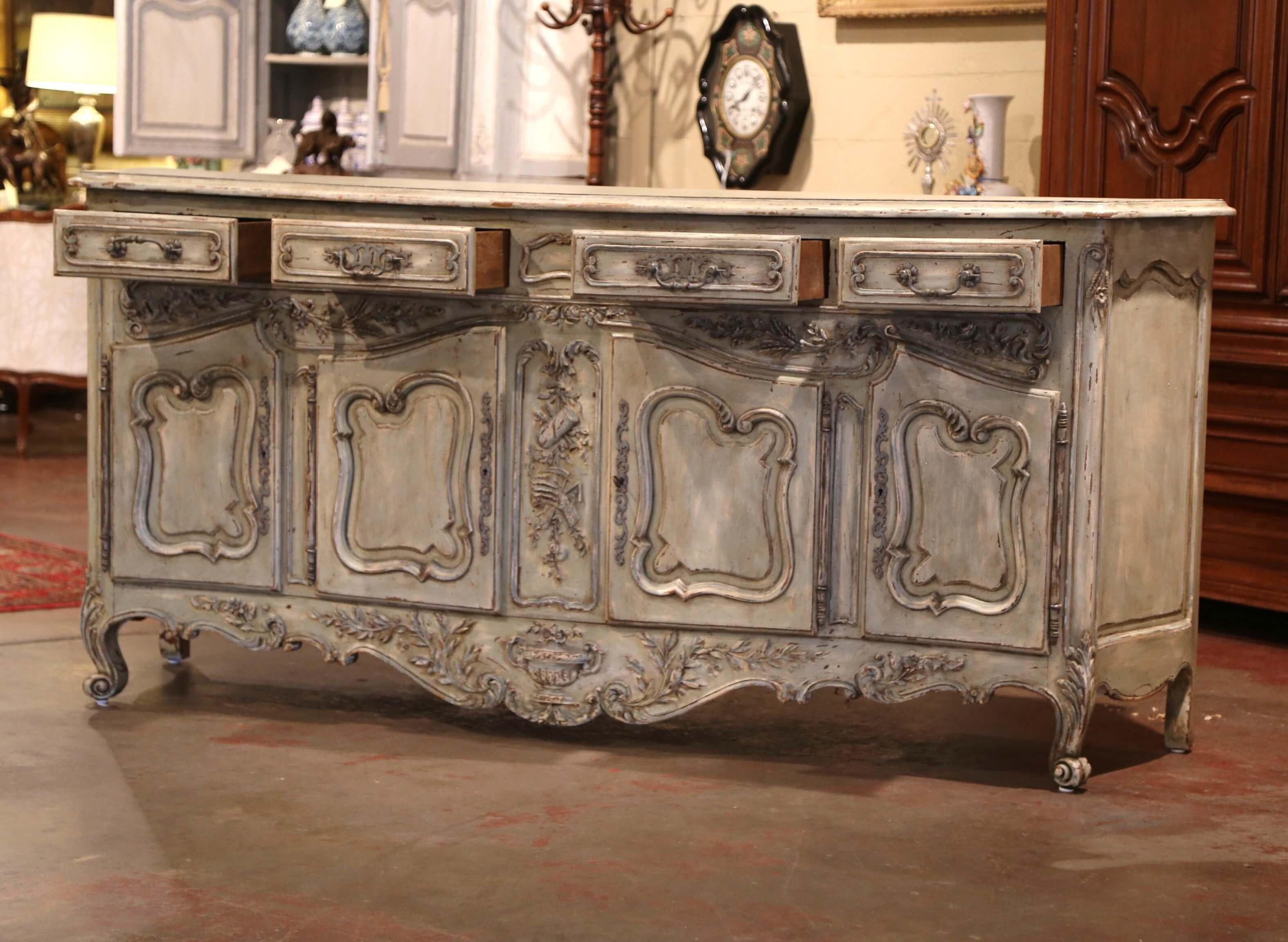 Walnut Early 20th Century French Louis XV Carved Painted Four-Door Buffet from Provence For Sale