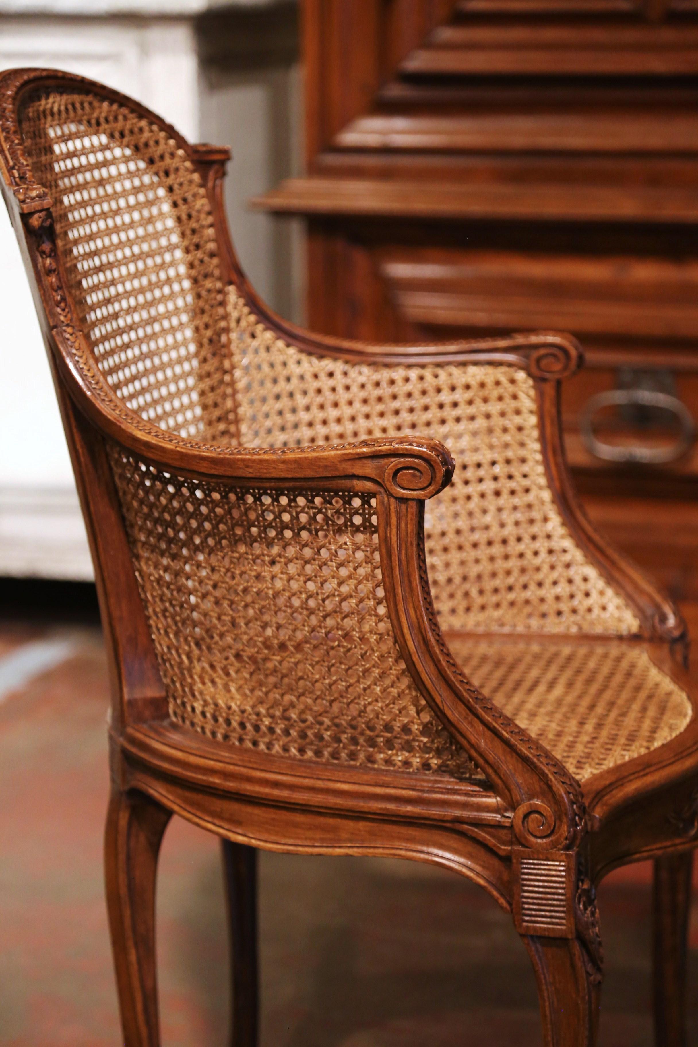 Early 20th Century French Louis XV Carved Walnut and Cane Desk Armchair 6