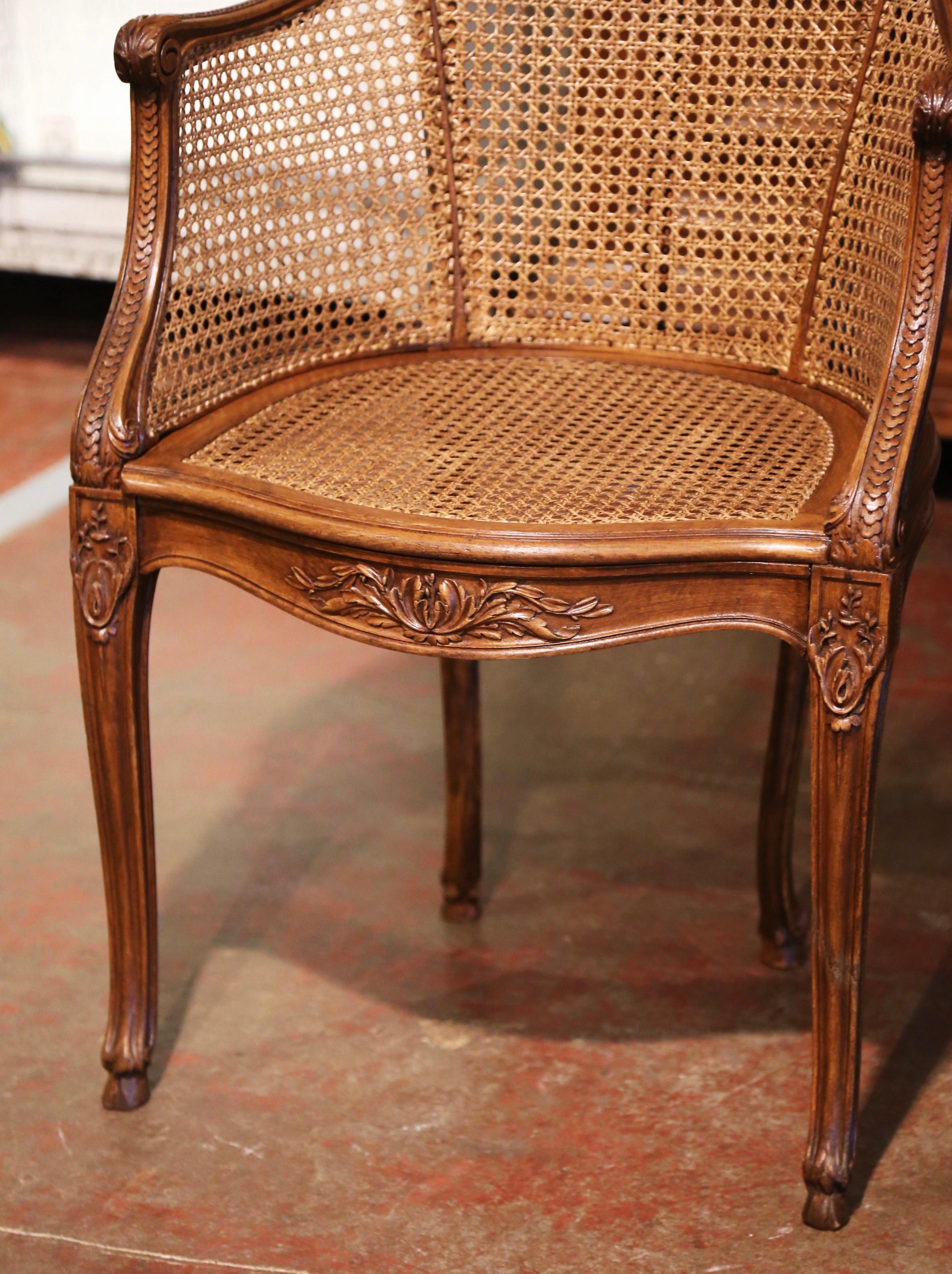 Patinated Early 20th Century French Louis XV Carved Walnut and Cane Desk Armchair