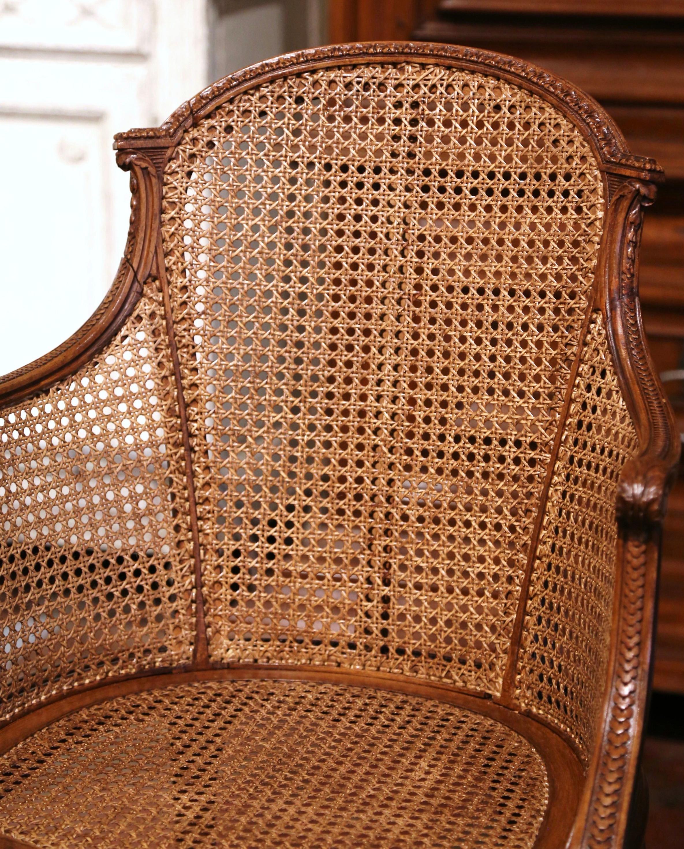 Early 20th Century French Louis XV Carved Walnut and Cane Desk Armchair In Excellent Condition In Dallas, TX