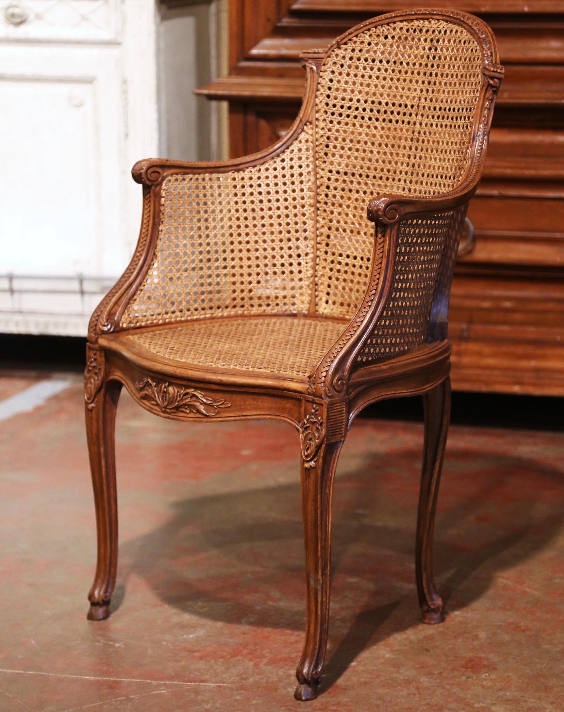 Early 20th Century French Louis XV Carved Walnut and Cane Desk Armchair 3