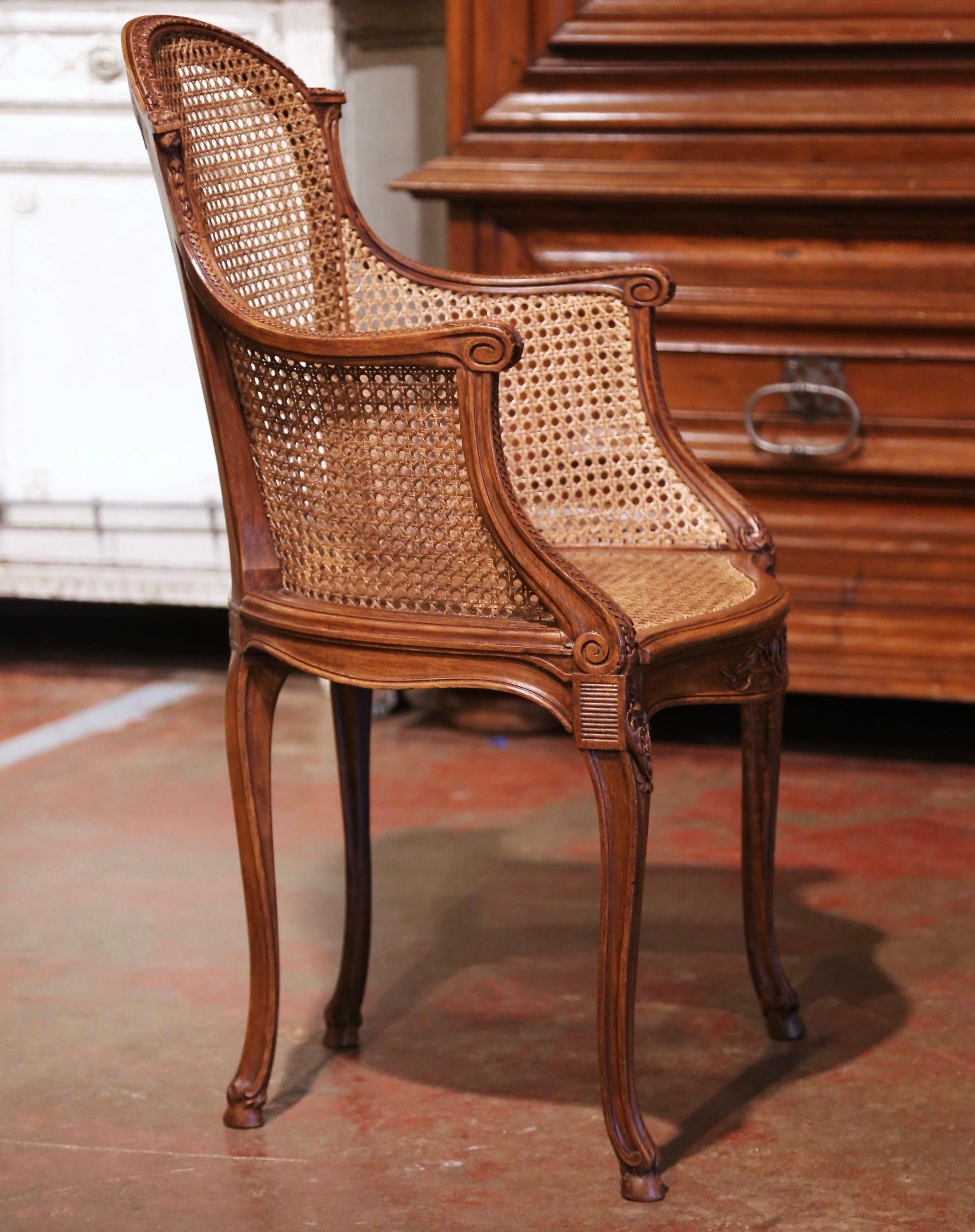 Early 20th Century French Louis XV Carved Walnut and Cane Desk Armchair 5