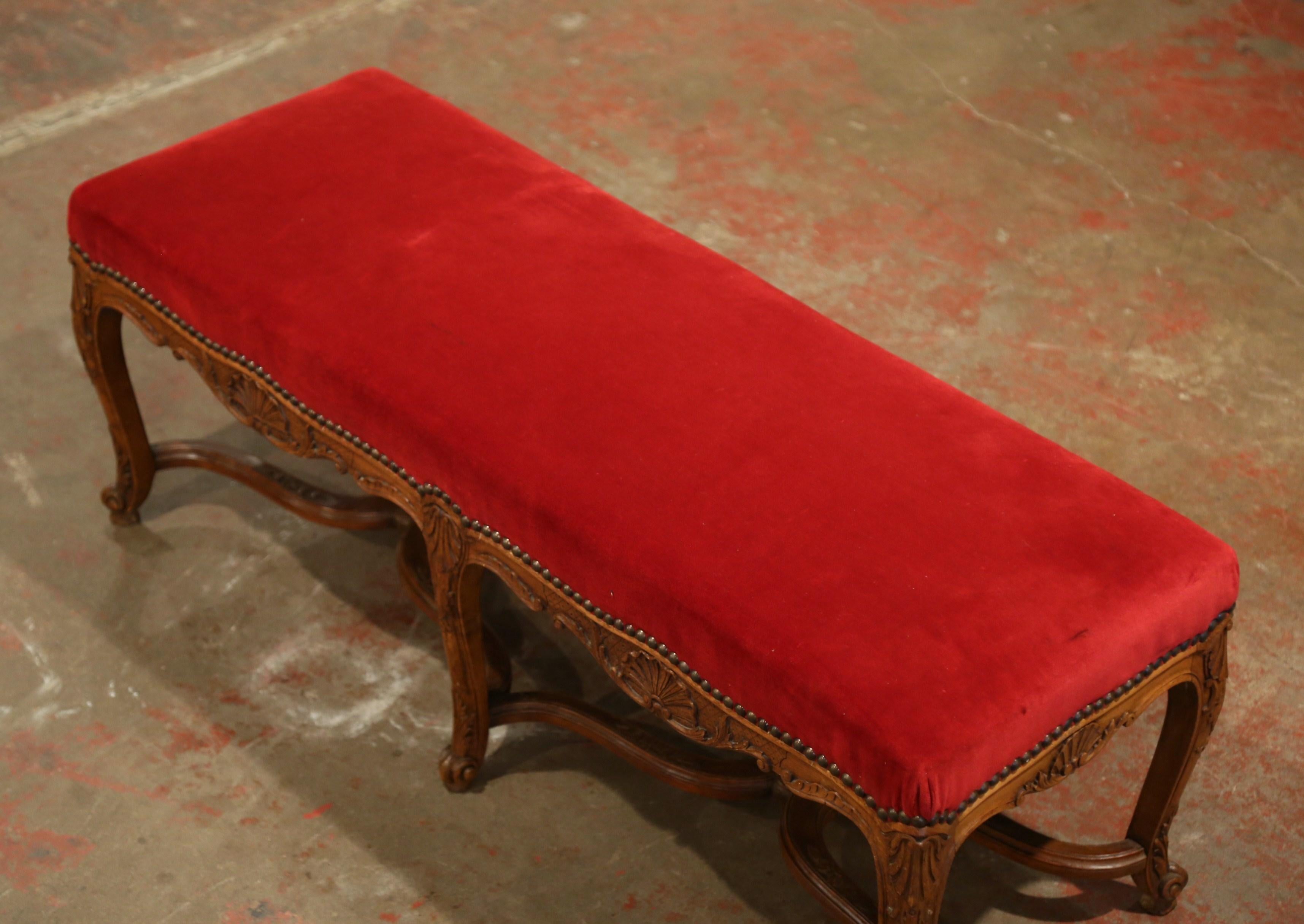 Hand-Carved Early 20th Century French Louis XV Carved Walnut and Velvet Six Leg Bench