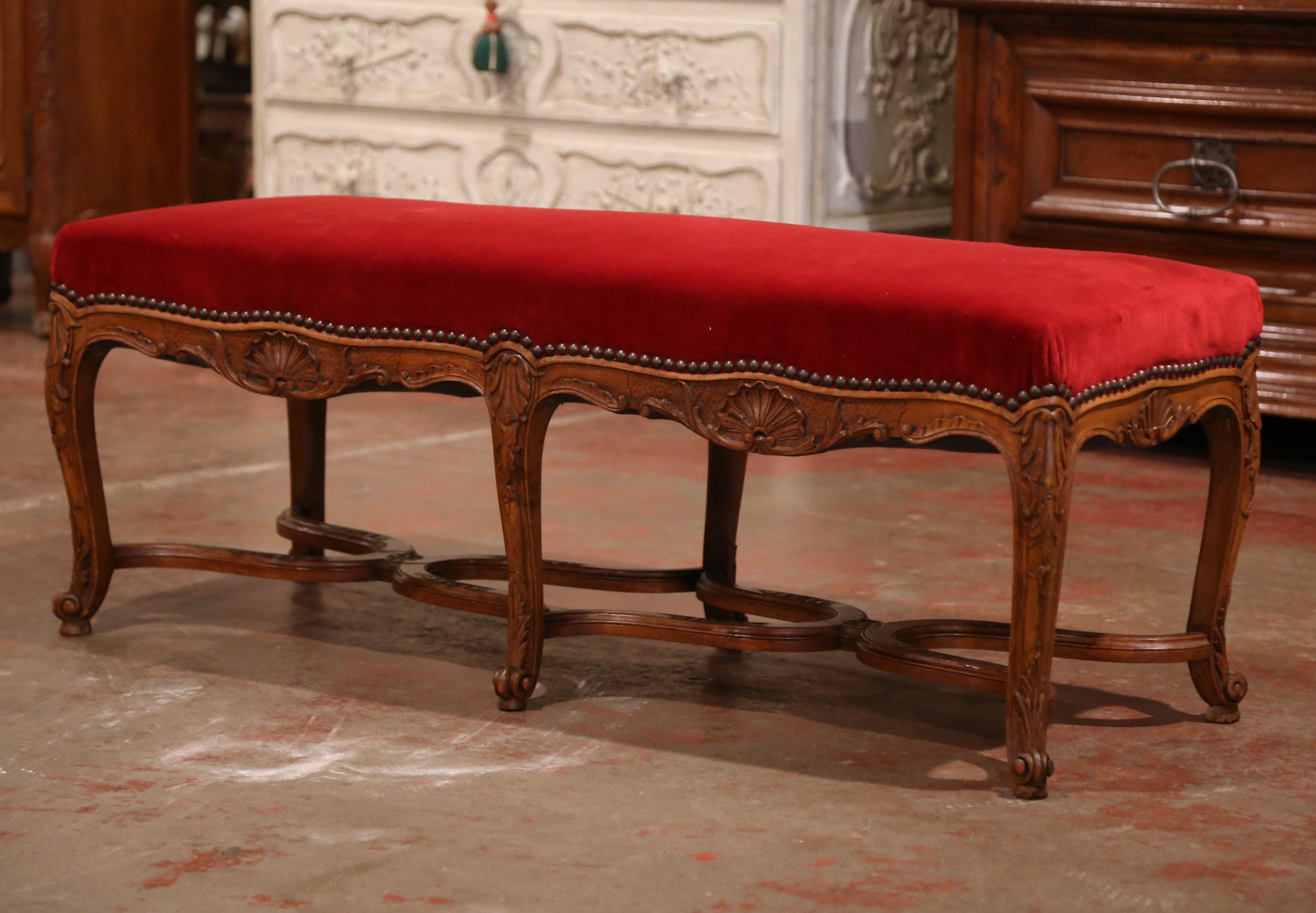 Early 20th Century French Louis XV Carved Walnut and Velvet Six Leg Bench In Excellent Condition In Dallas, TX