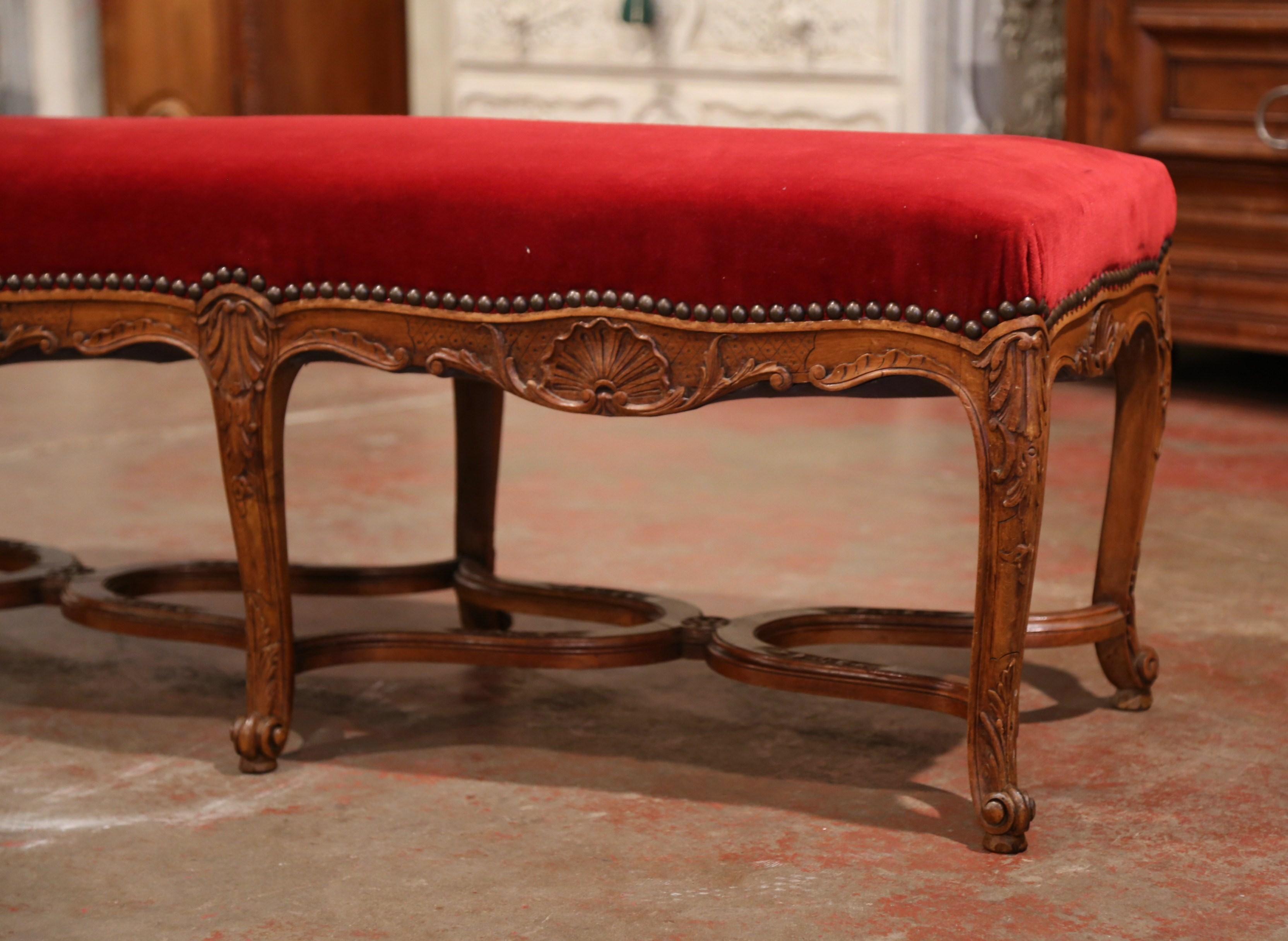 Early 20th Century French Louis XV Carved Walnut and Velvet Six Leg Bench 1