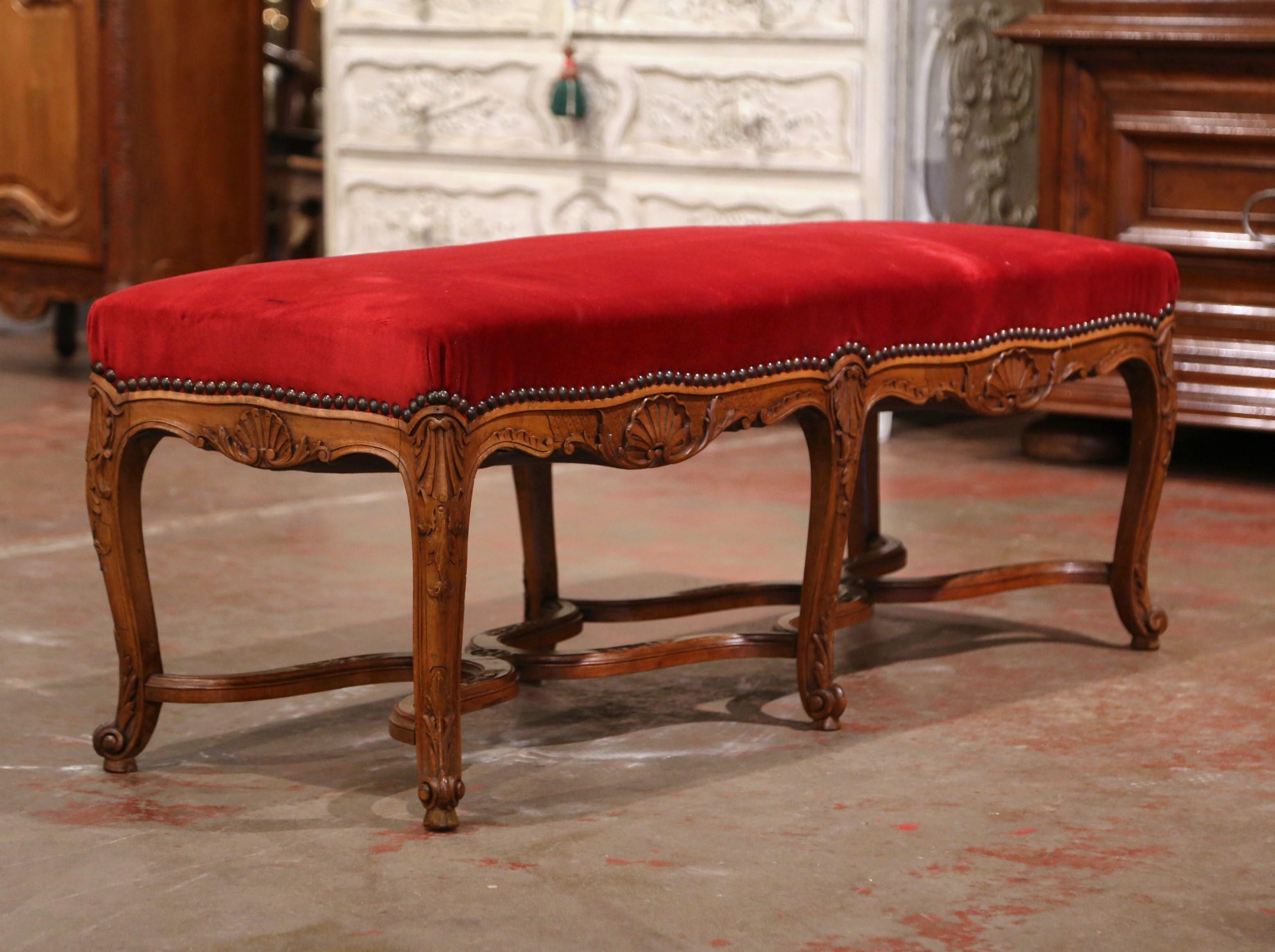Early 20th Century French Louis XV Carved Walnut and Velvet Six Leg Bench 2