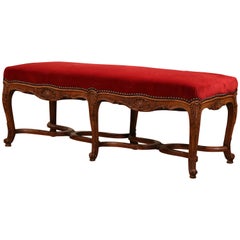 Early 20th Century French Louis XV Carved Walnut and Velvet Six Leg Bench