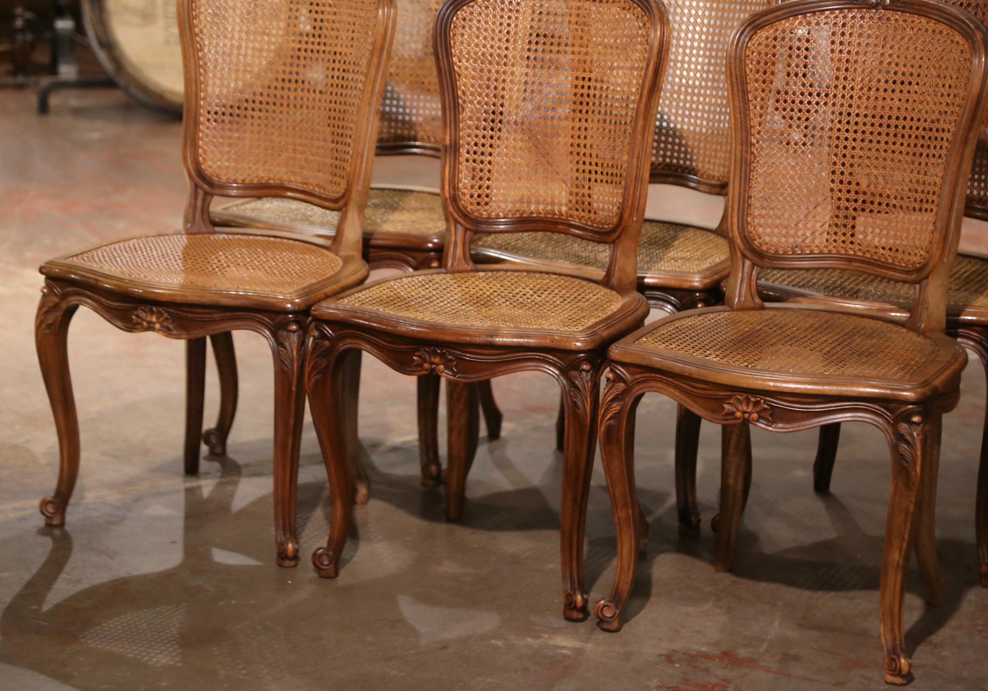 Hand-Carved Early 20th Century French Louis XV Carved Walnut Cane Dining Chairs, Set of 6 For Sale