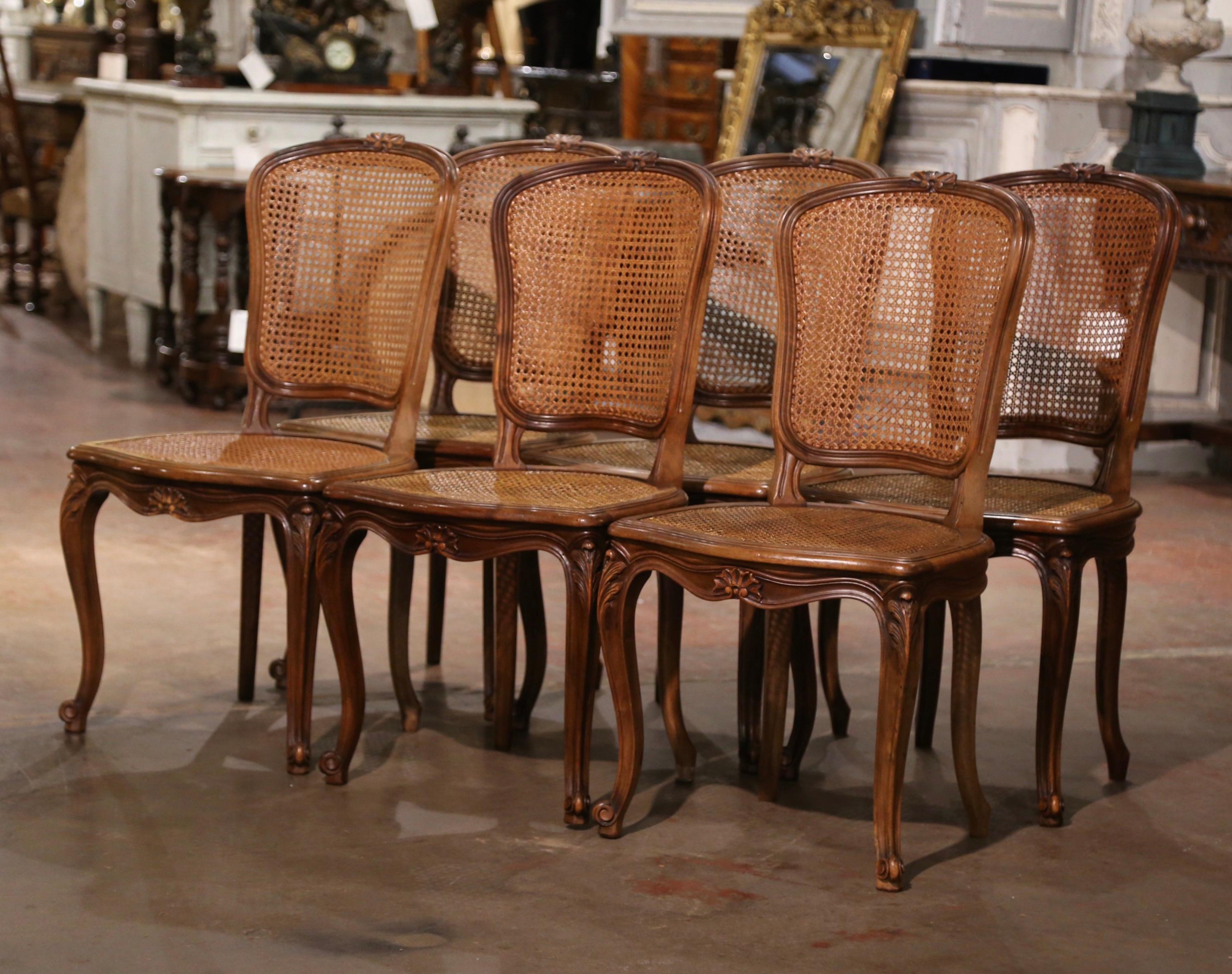 Early 20th Century French Louis XV Carved Walnut Cane Dining Chairs, Set of 6 For Sale 1