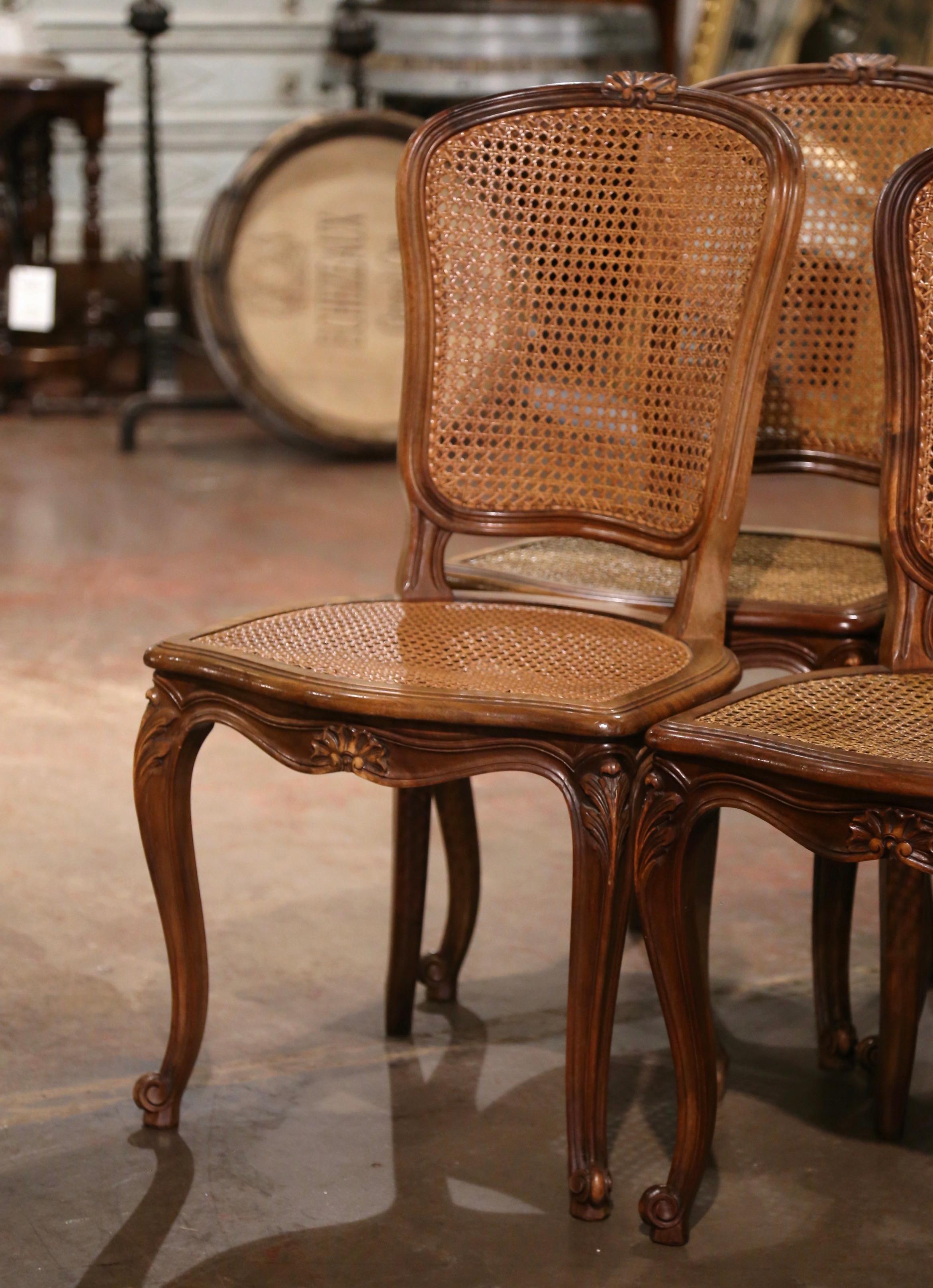 Early 20th Century French Louis XV Carved Walnut Cane Dining Chairs, Set of 6 For Sale 2