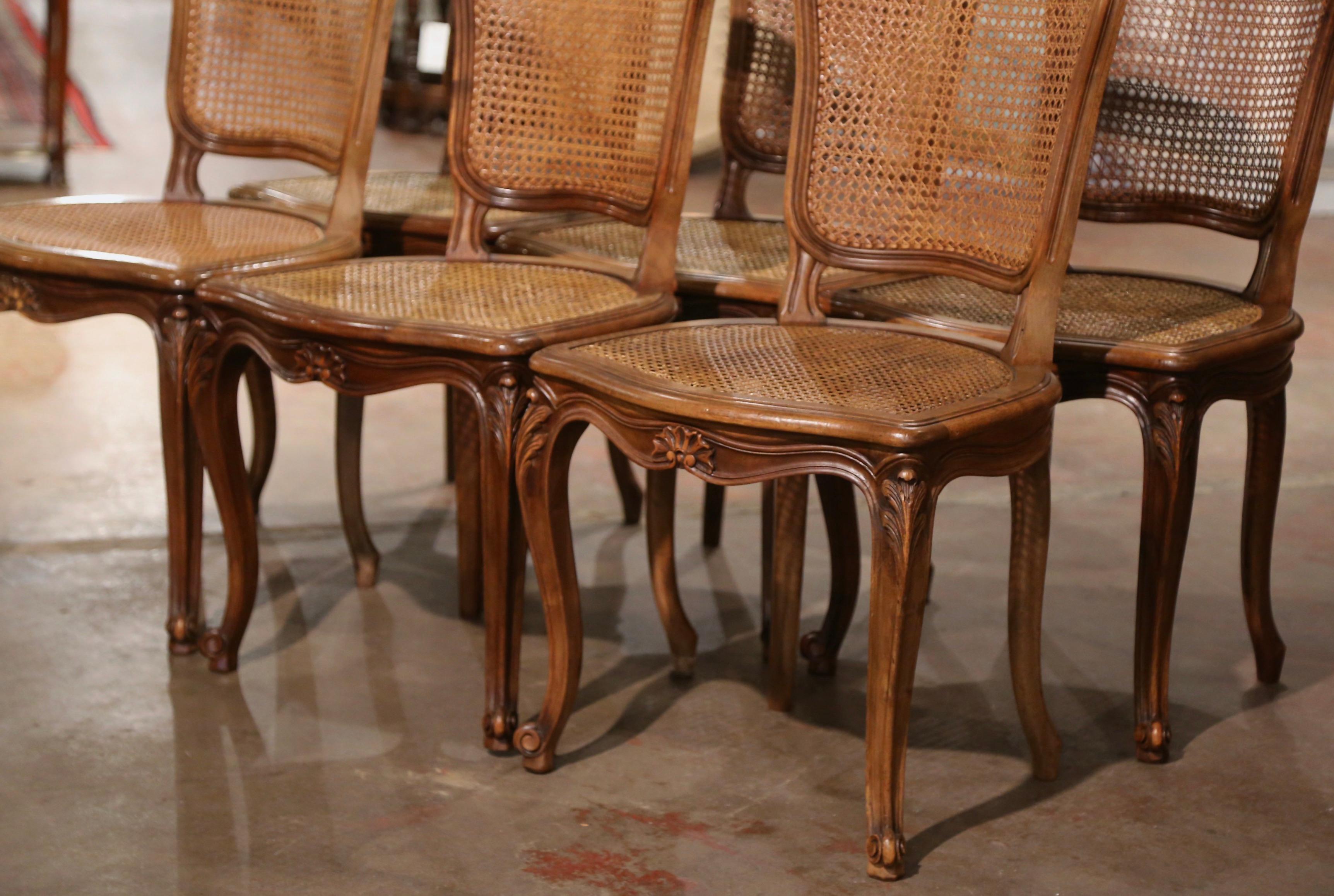 Early 20th Century French Louis XV Carved Walnut Cane Dining Chairs, Set of 6 For Sale 4