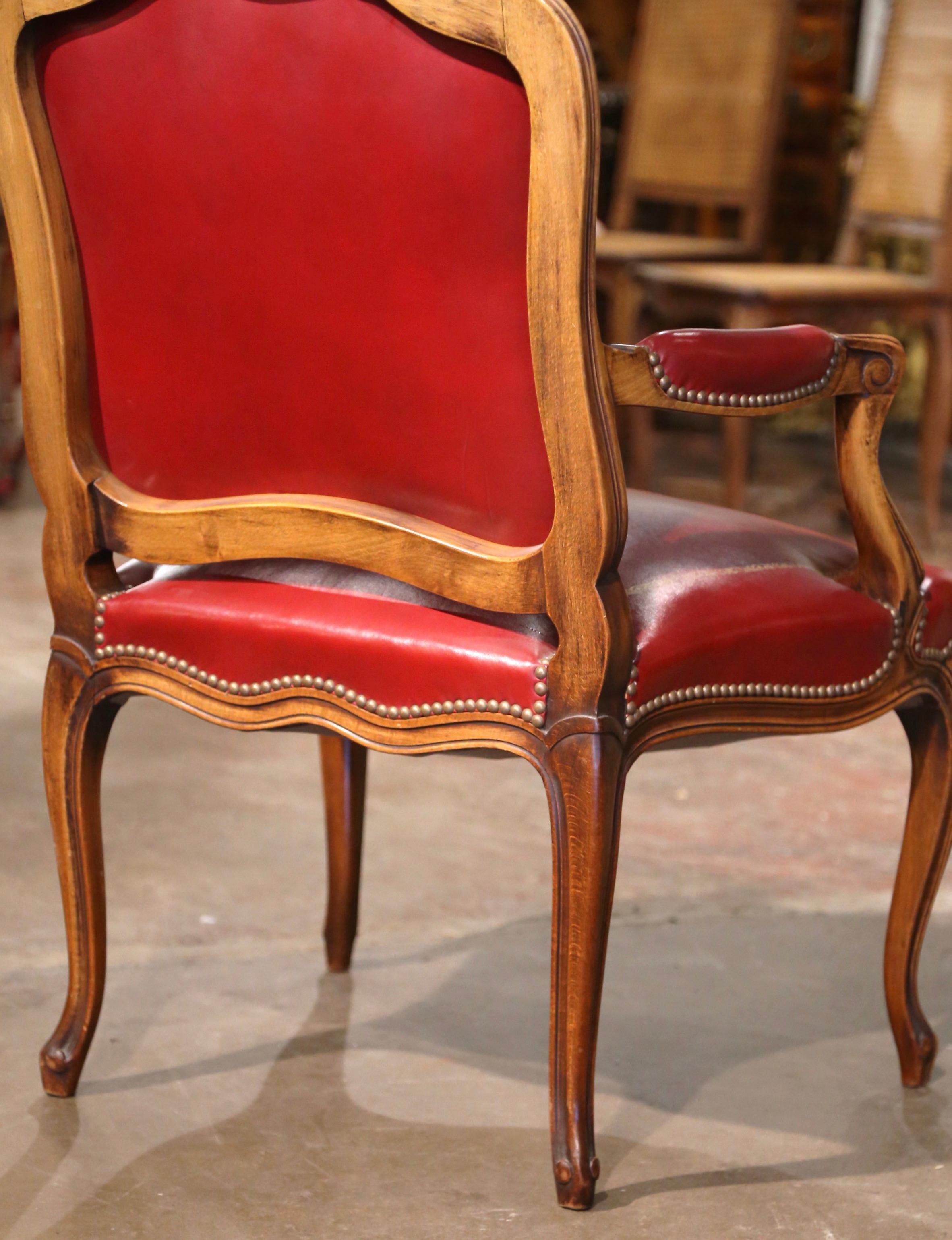 Early 20th Century French Louis XV Carved Walnut Desk Armchair with Red Leather 6
