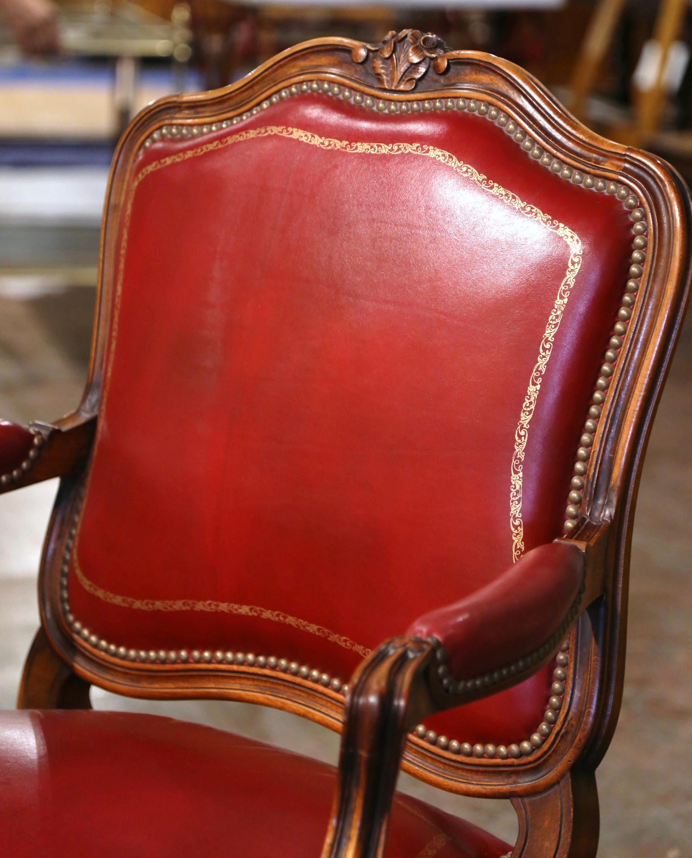 Hand-Carved Early 20th Century French Louis XV Carved Walnut Desk Armchair with Red Leather