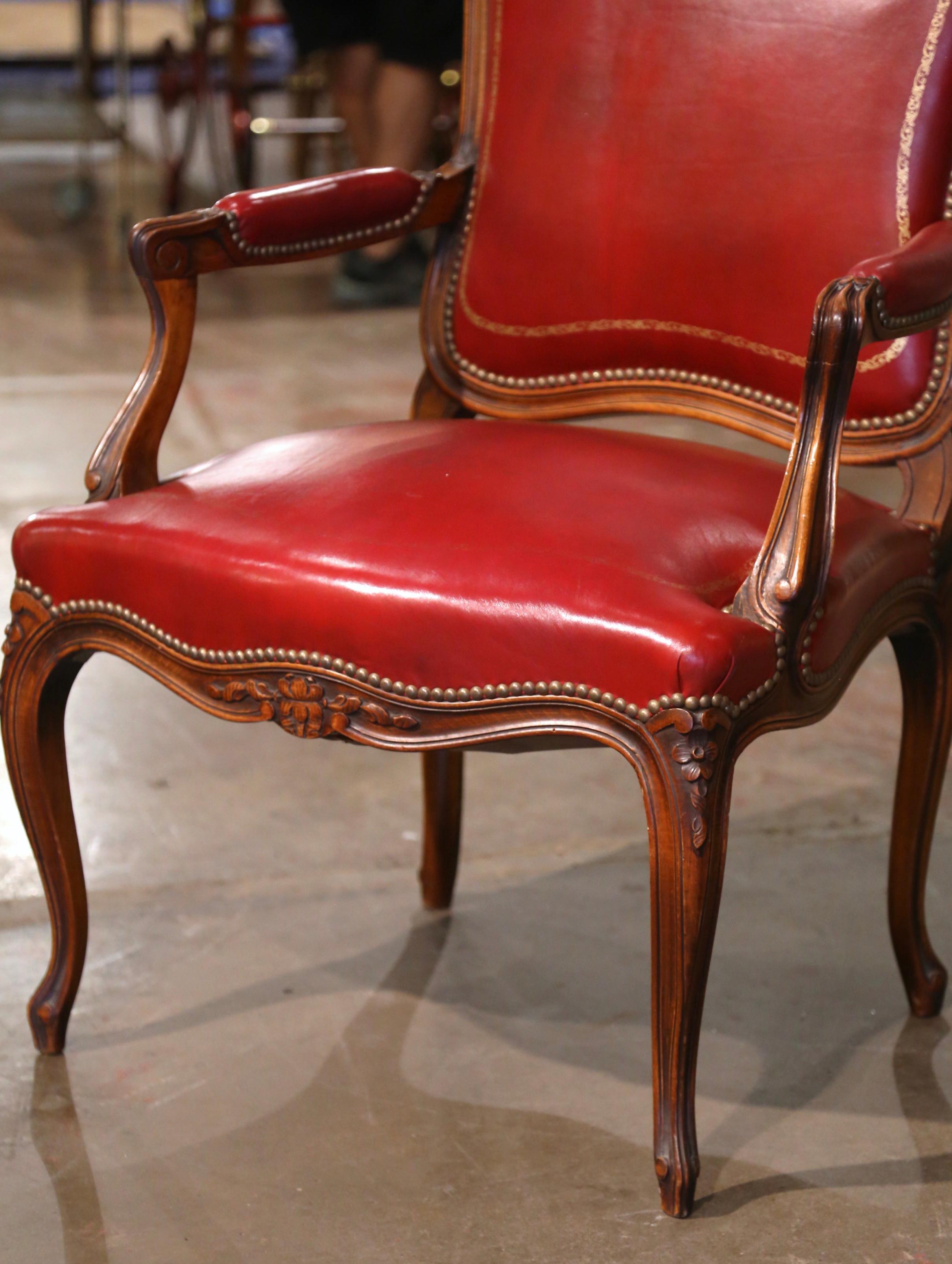 Early 20th Century French Louis XV Carved Walnut Desk Armchair with Red Leather In Excellent Condition In Dallas, TX