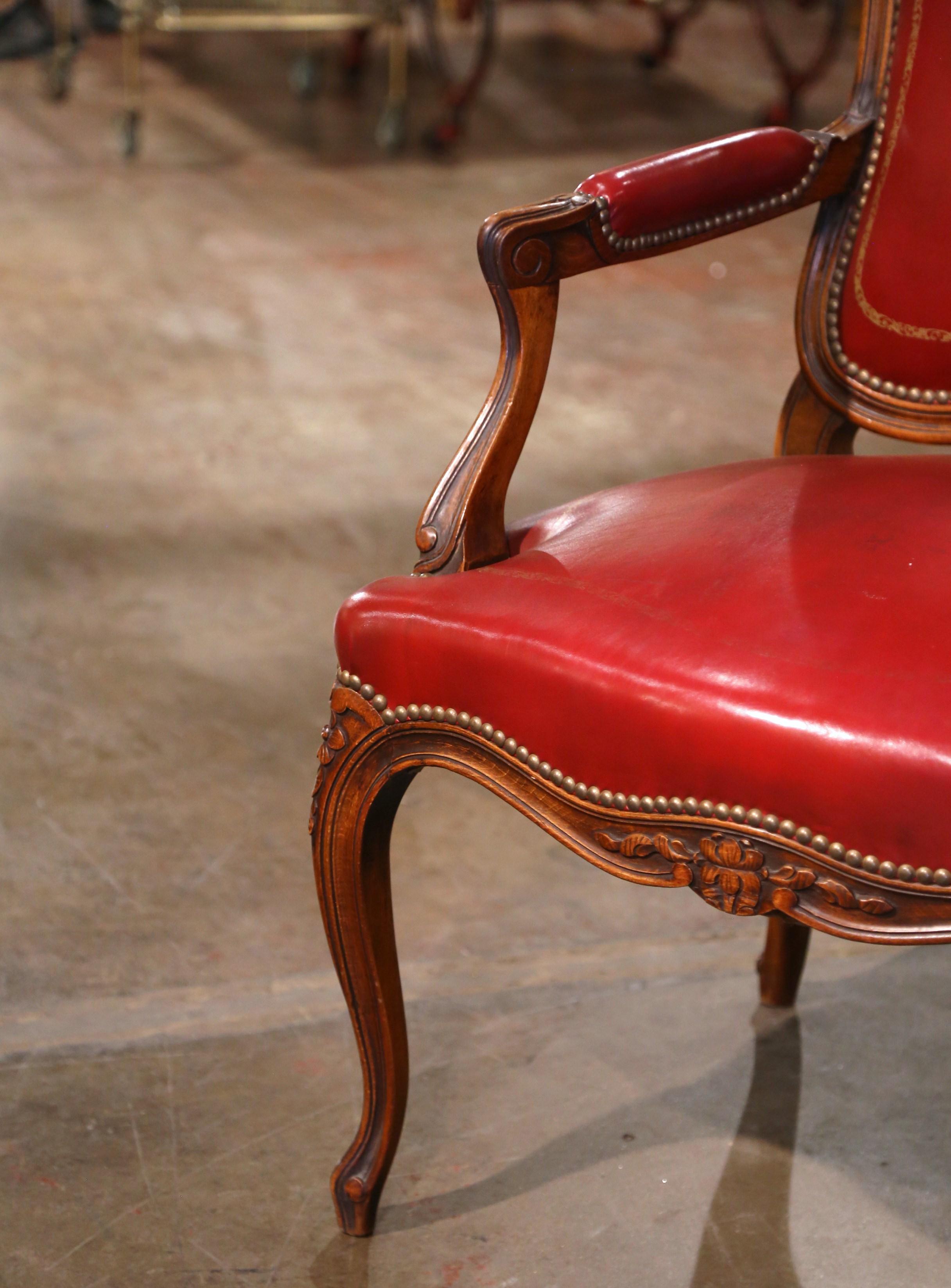 Early 20th Century French Louis XV Carved Walnut Desk Armchair with Red Leather 2