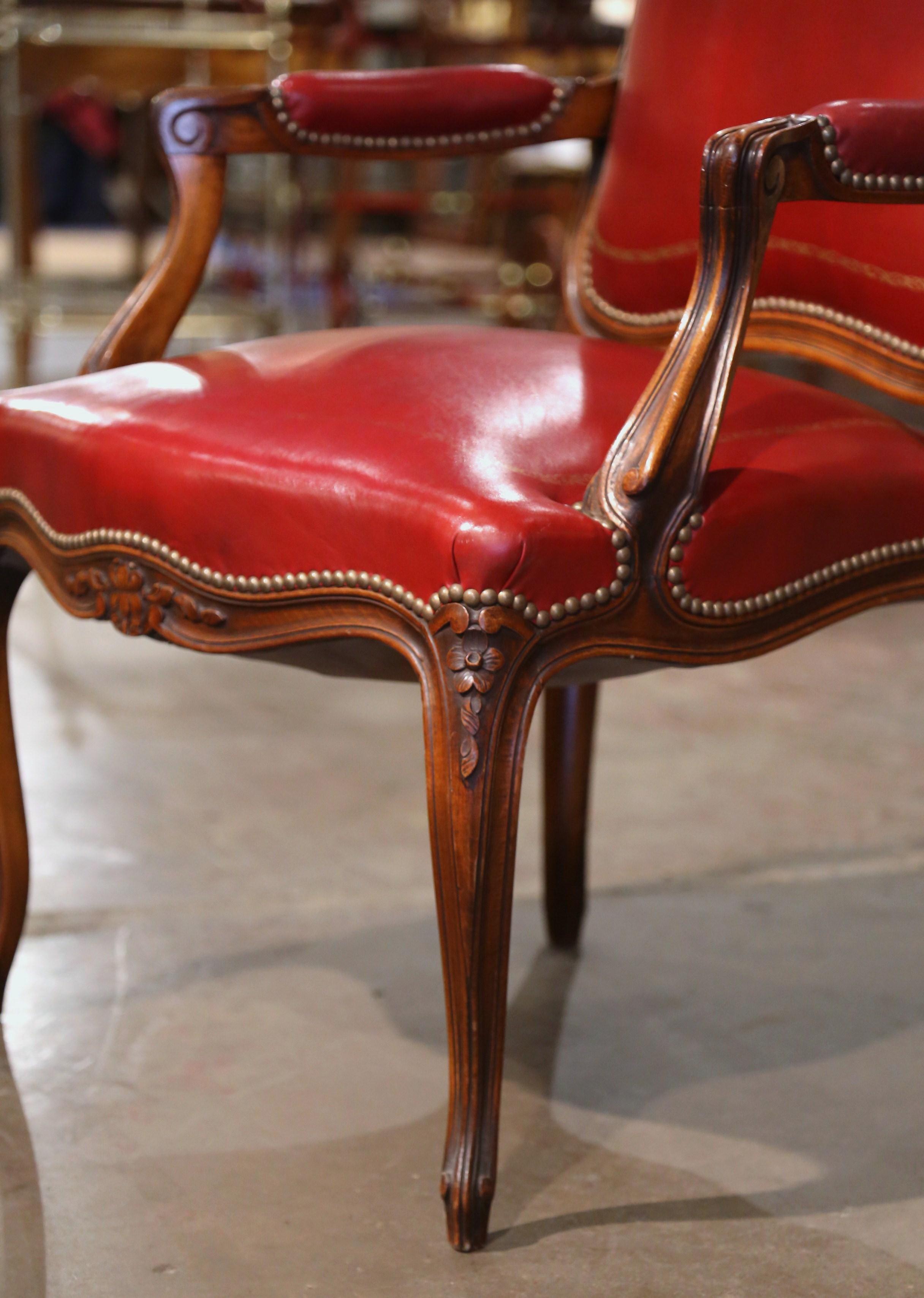 Early 20th Century French Louis XV Carved Walnut Desk Armchair with Red Leather 4