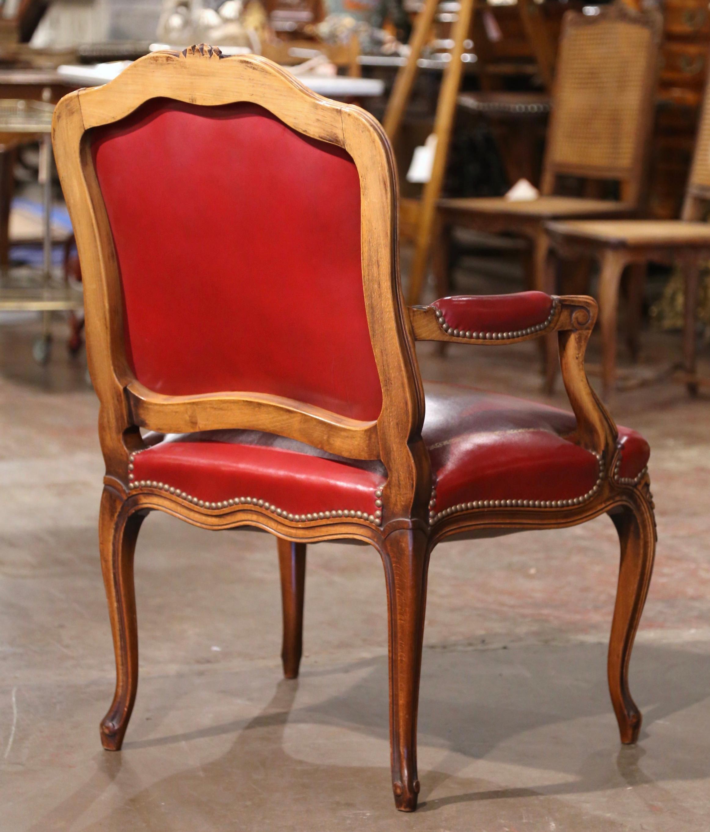 Early 20th Century French Louis XV Carved Walnut Desk Armchair with Red Leather 5