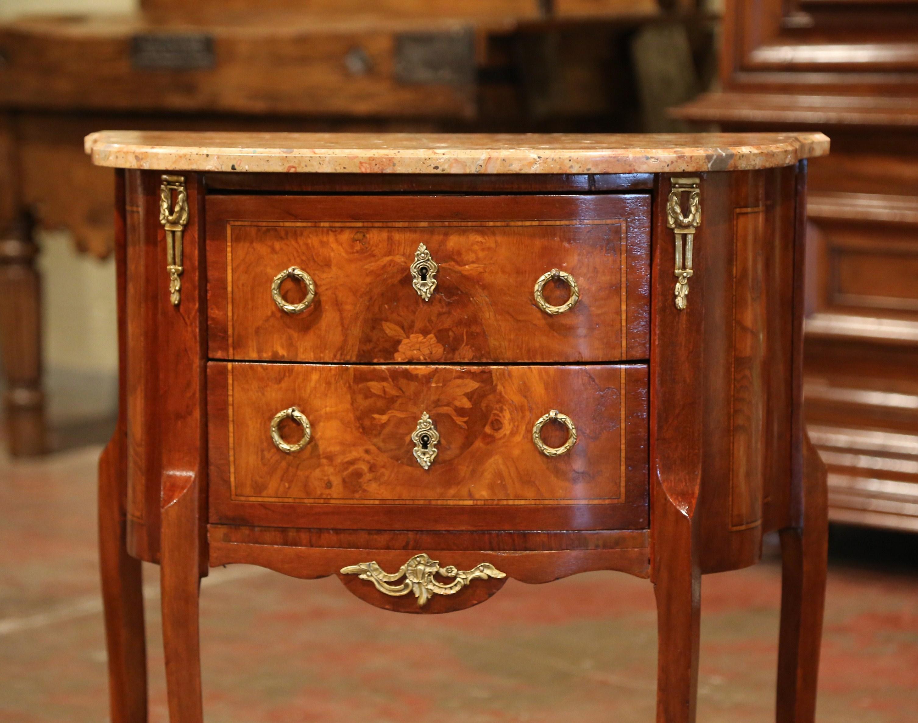 Patinated Early 20th Century French Louis XV Carved Walnut Inlay Commode with Beige Marble