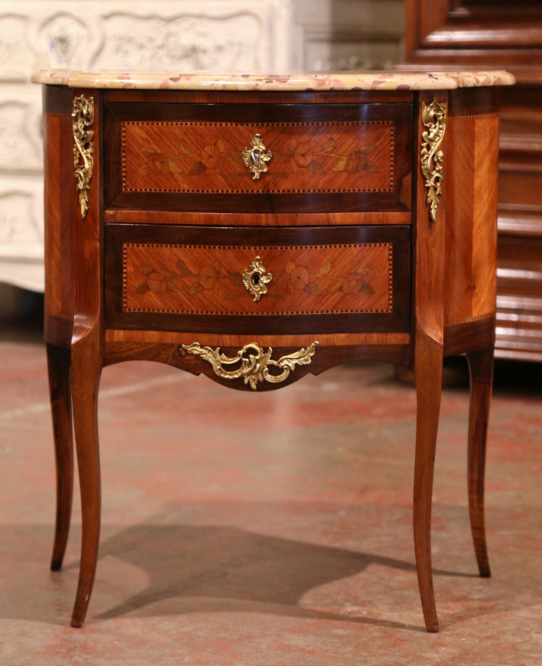 Hand-Carved Early 20th Century French Louis XV Carved Walnut Inlay Commode with Beige Marble