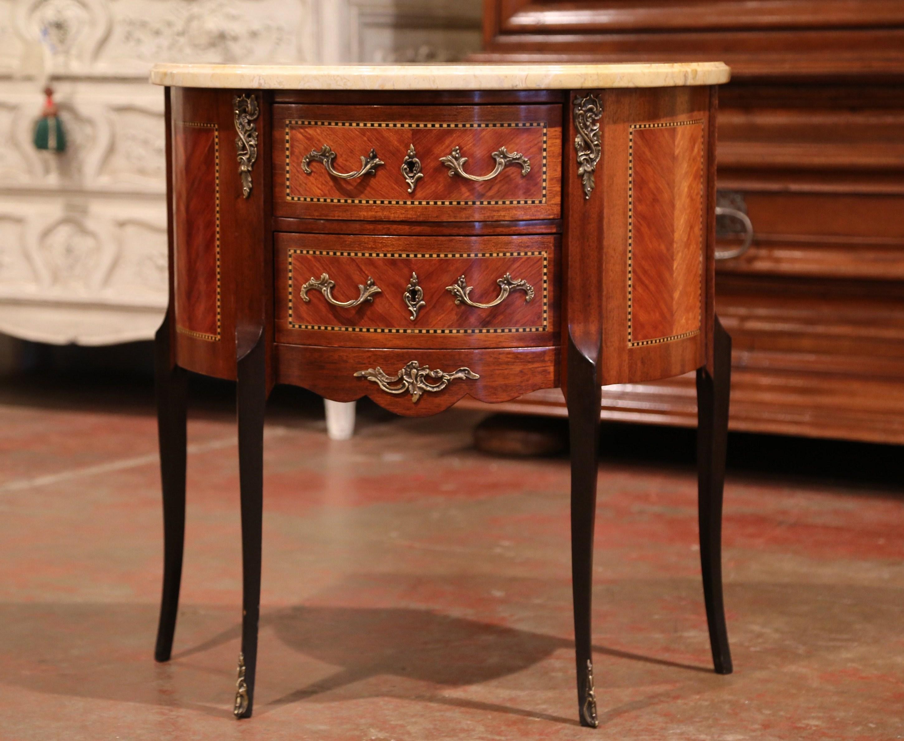 Parquetry Early 20th Century French Louis XV Carved Walnut Inlay Commode with Beige Marble