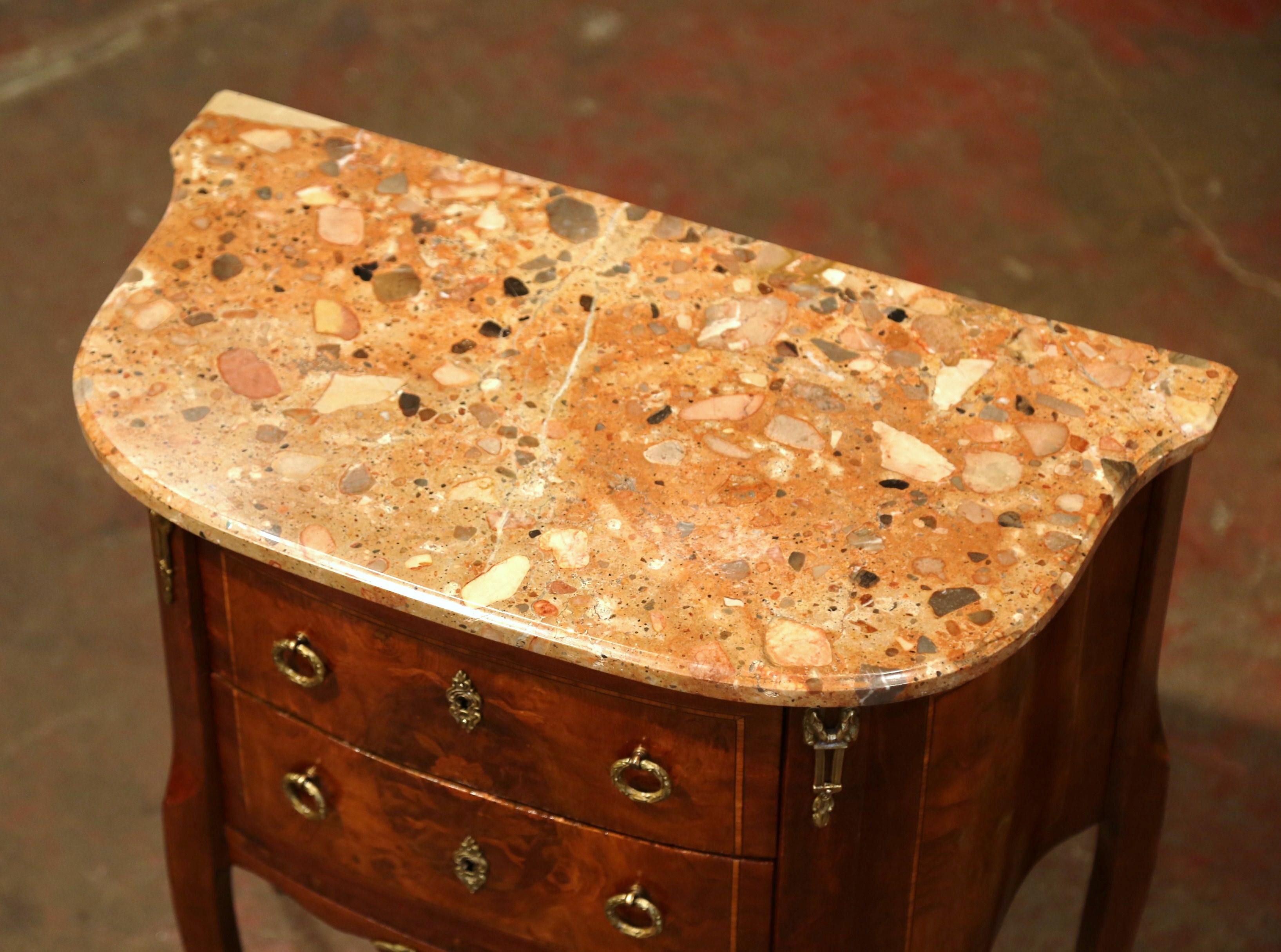 Early 20th Century French Louis XV Carved Walnut Inlay Commode with Beige Marble In Excellent Condition In Dallas, TX