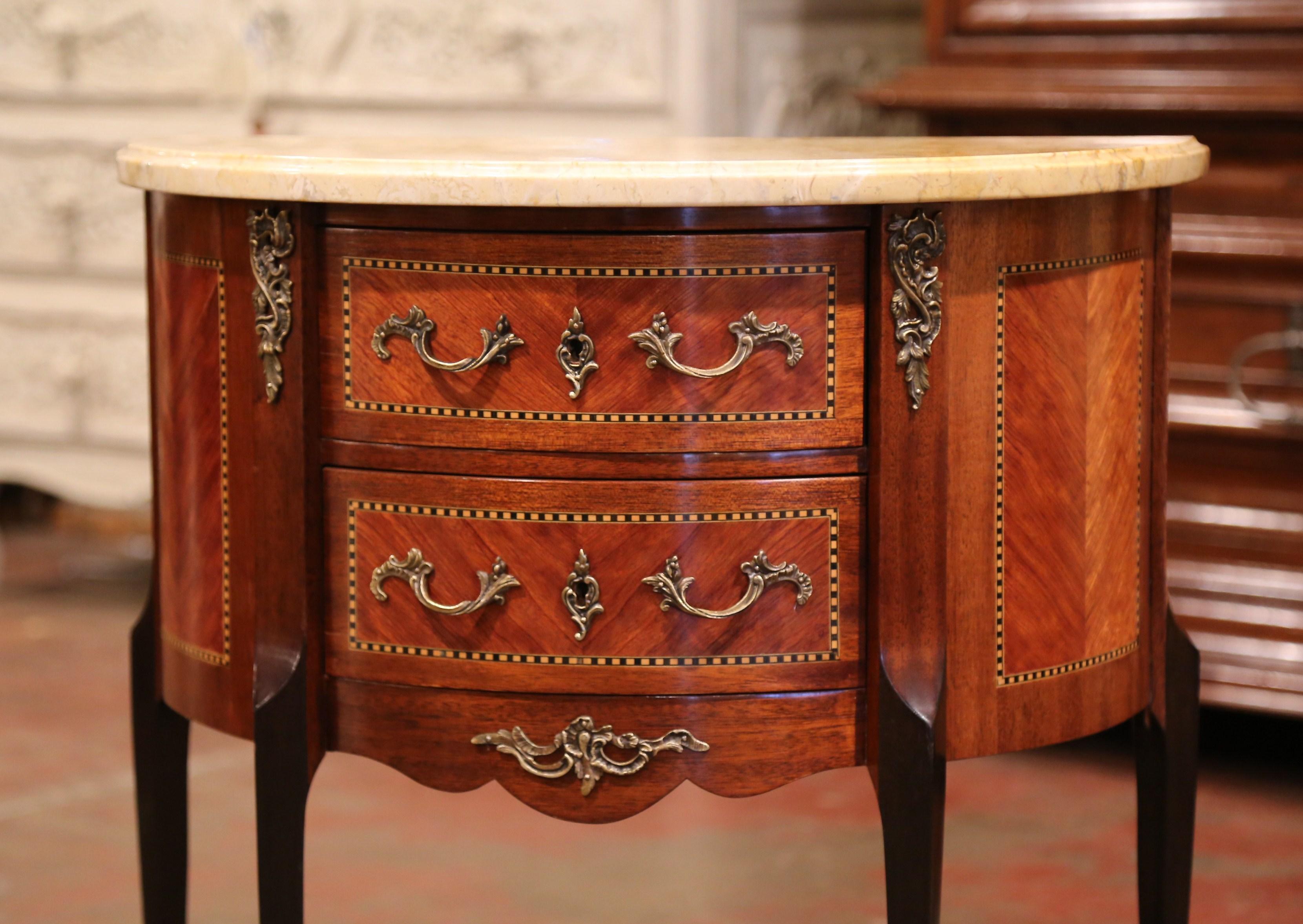 Early 20th Century French Louis XV Carved Walnut Inlay Commode with Beige Marble In Excellent Condition In Dallas, TX