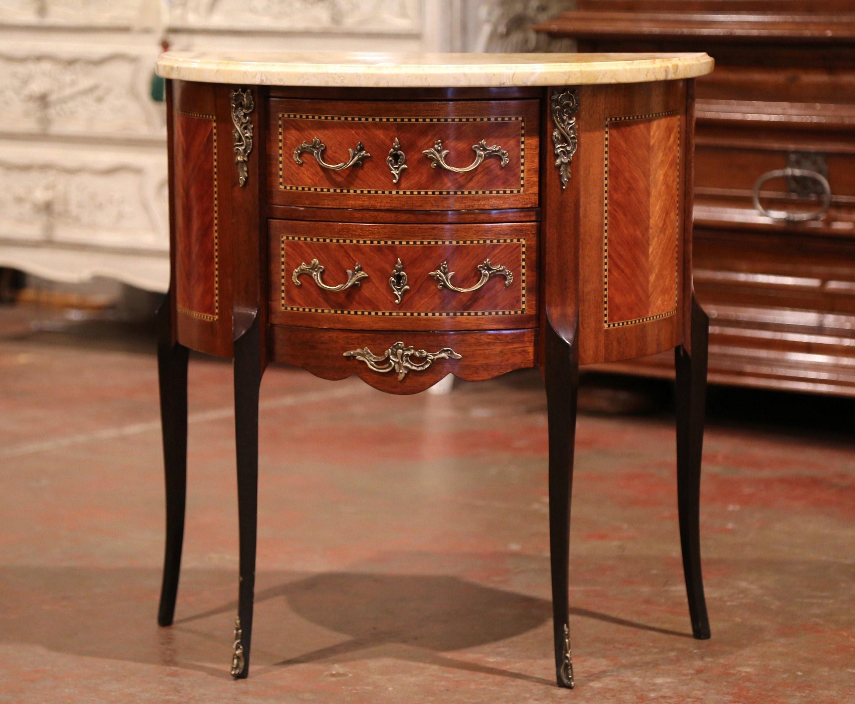Griotte Marble Early 20th Century French Louis XV Carved Walnut Inlay Commode with Beige Marble