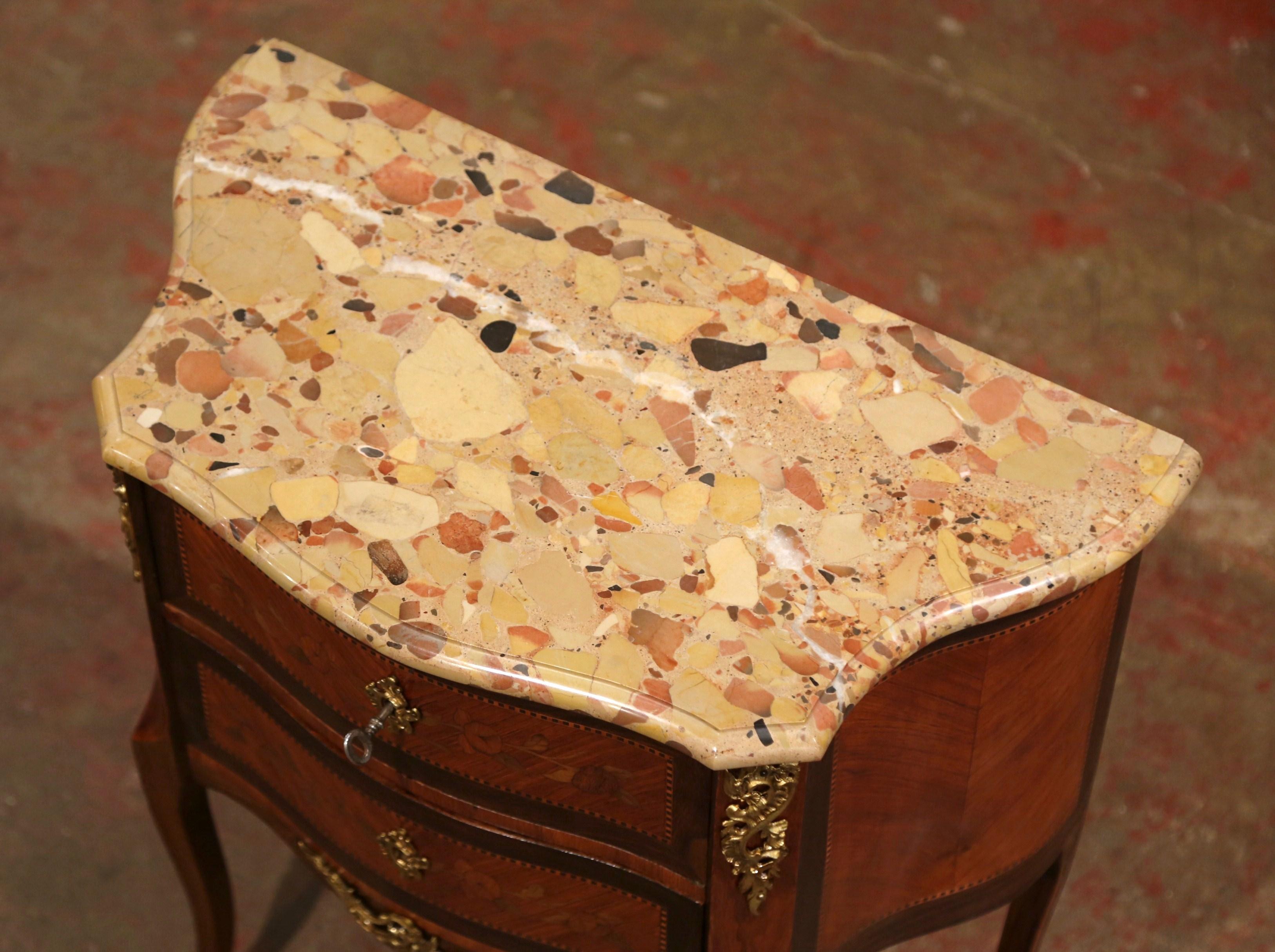 Early 20th Century French Louis XV Carved Walnut Inlay Commode with Beige Marble 1