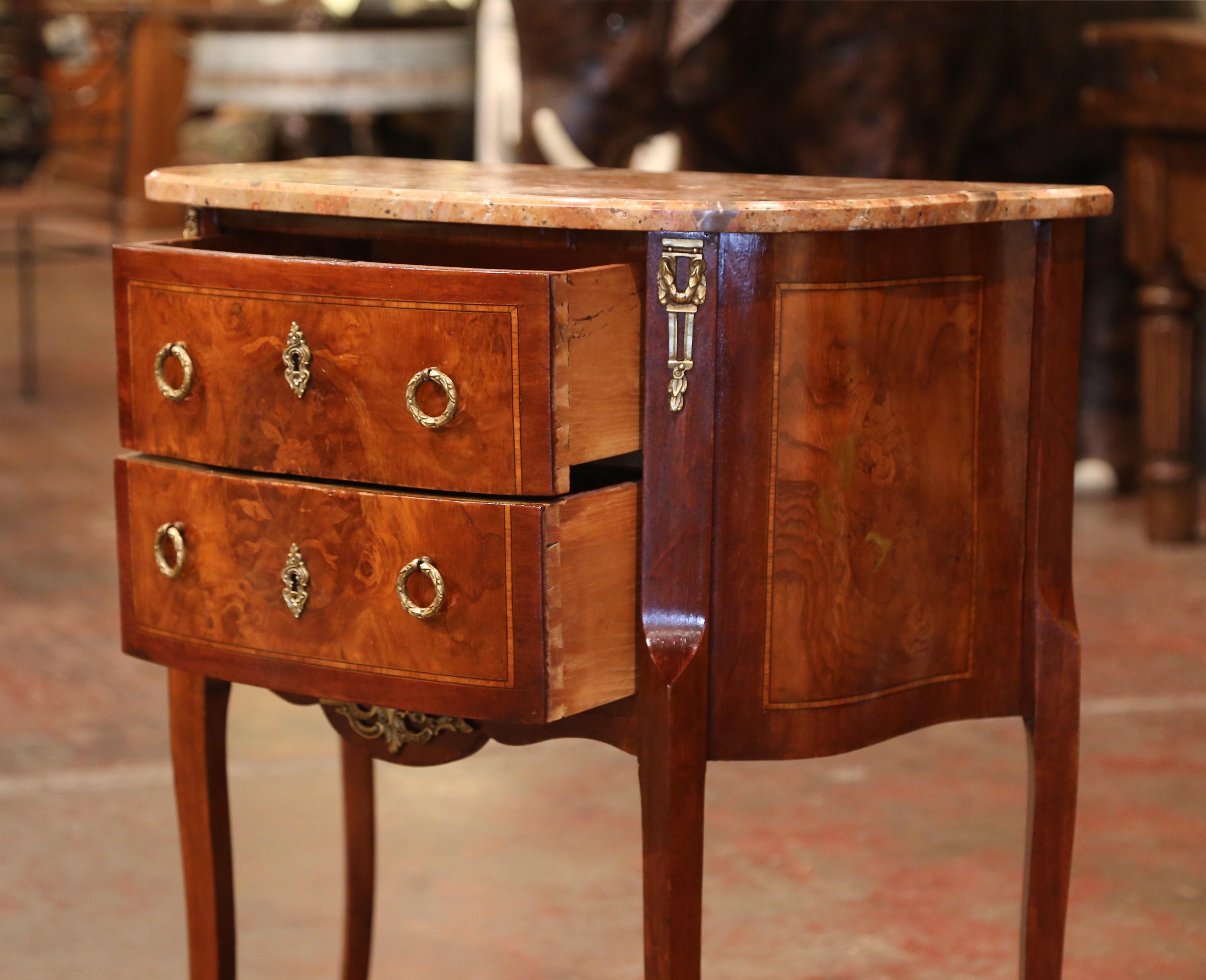 Early 20th Century French Louis XV Carved Walnut Inlay Commode with Beige Marble 2