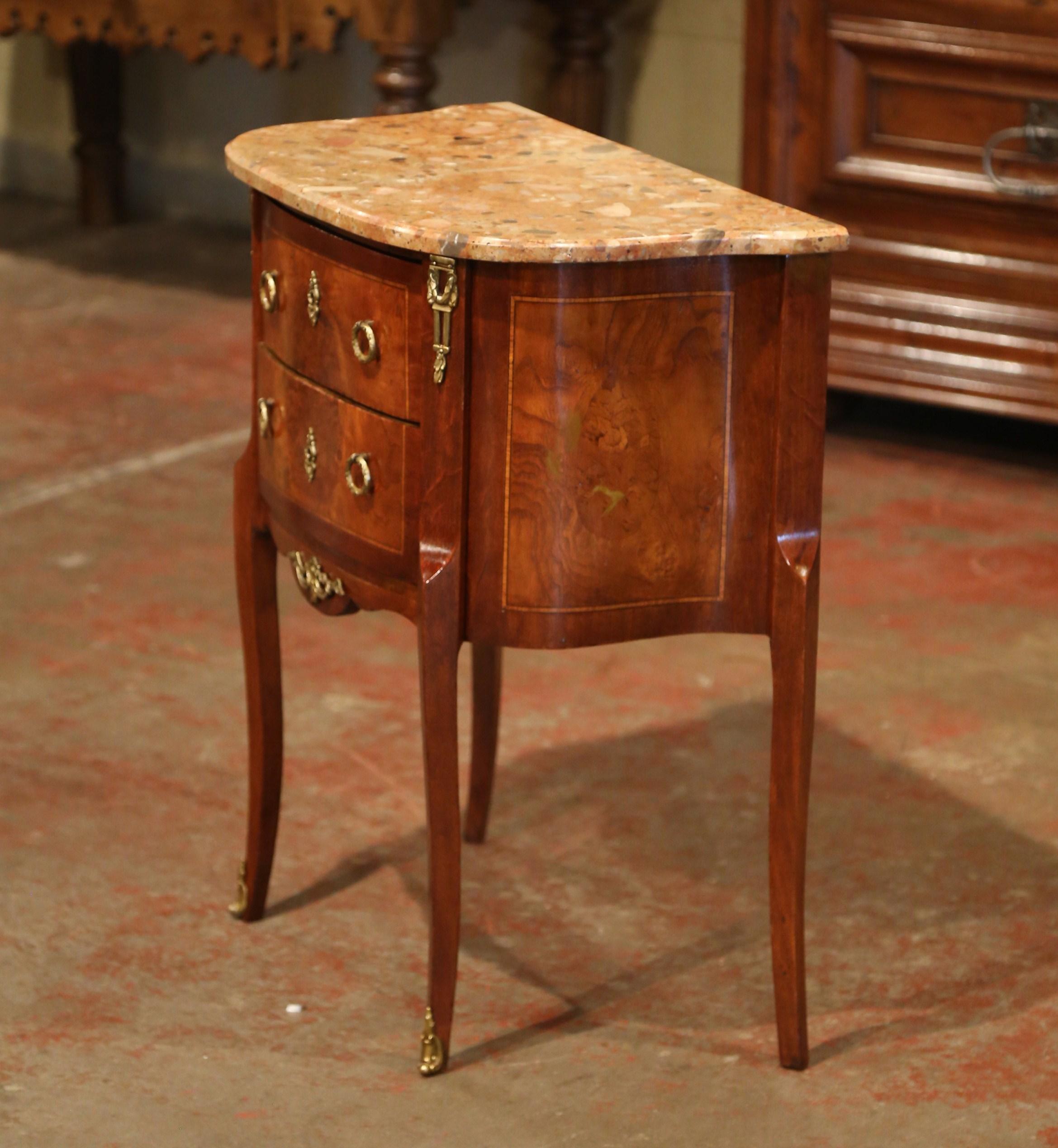 Early 20th Century French Louis XV Carved Walnut Inlay Commode with Beige Marble 3